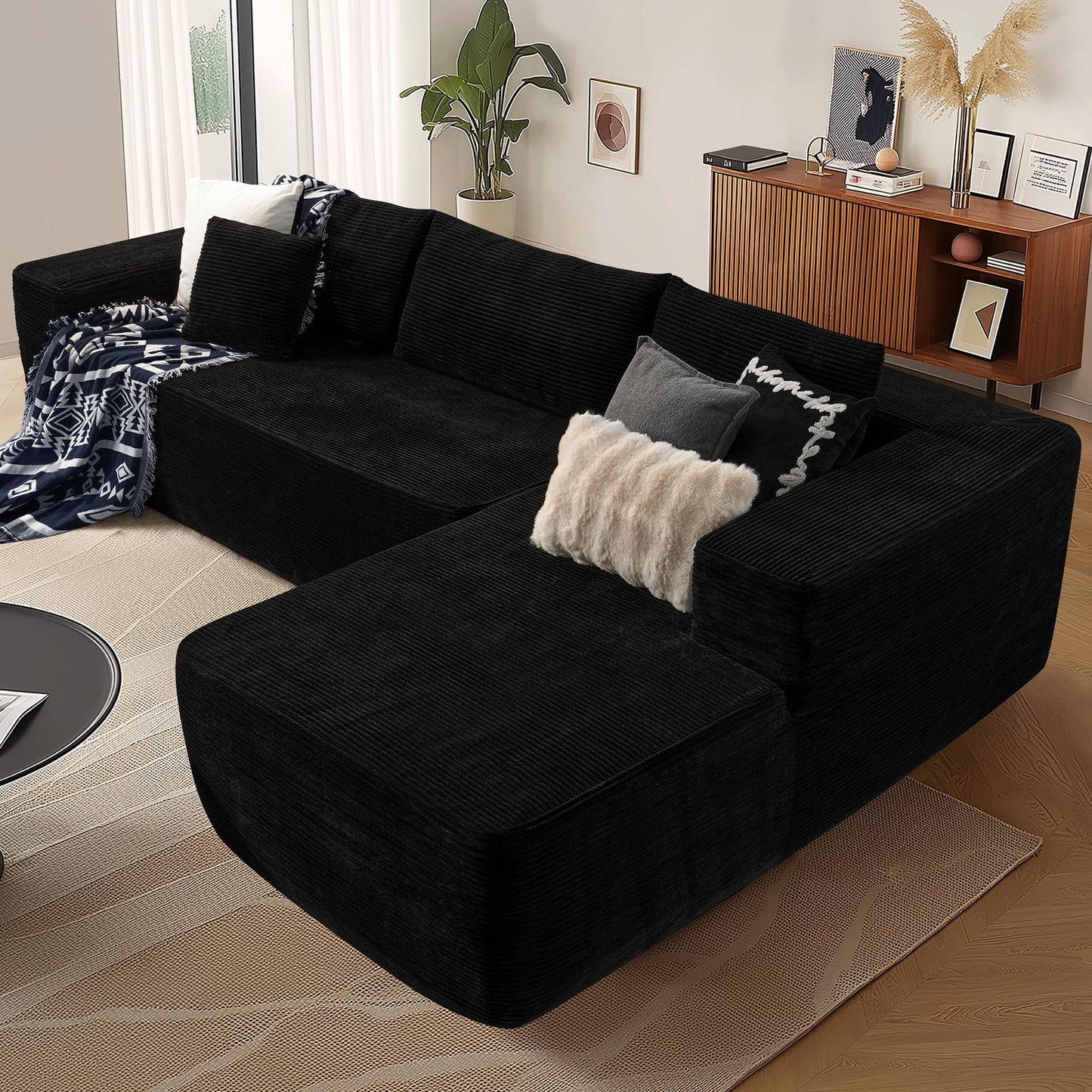 OVIOS 104" L-Shape Modular Couch with Chaise,Corduroy Fabric,No Assembly Required