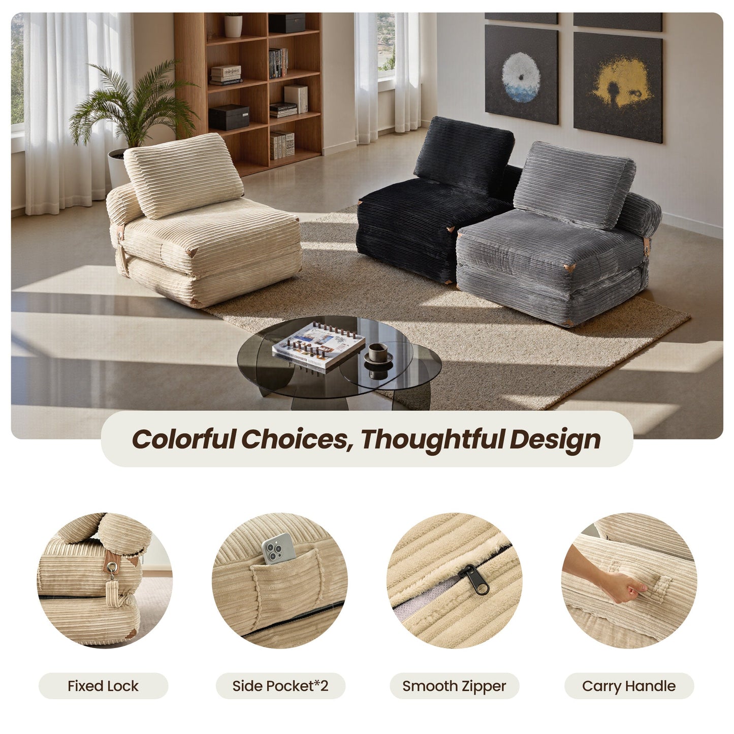 OVIOS Bean Bag Bed Folding Sofa Bed – Convertible Sleeper Chair with Pillow & Back Support