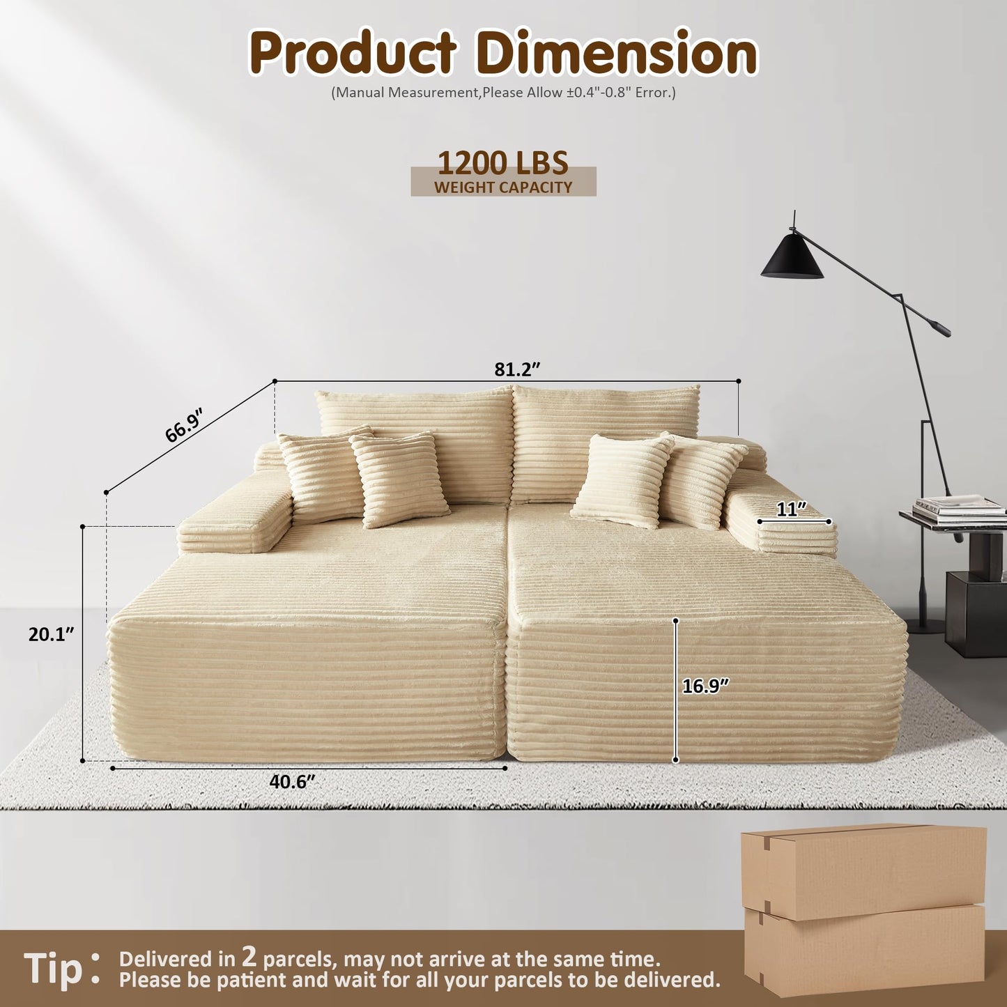 OVIOS 81" Boneless Sofa, Sleeper Couch, No Assembly Required