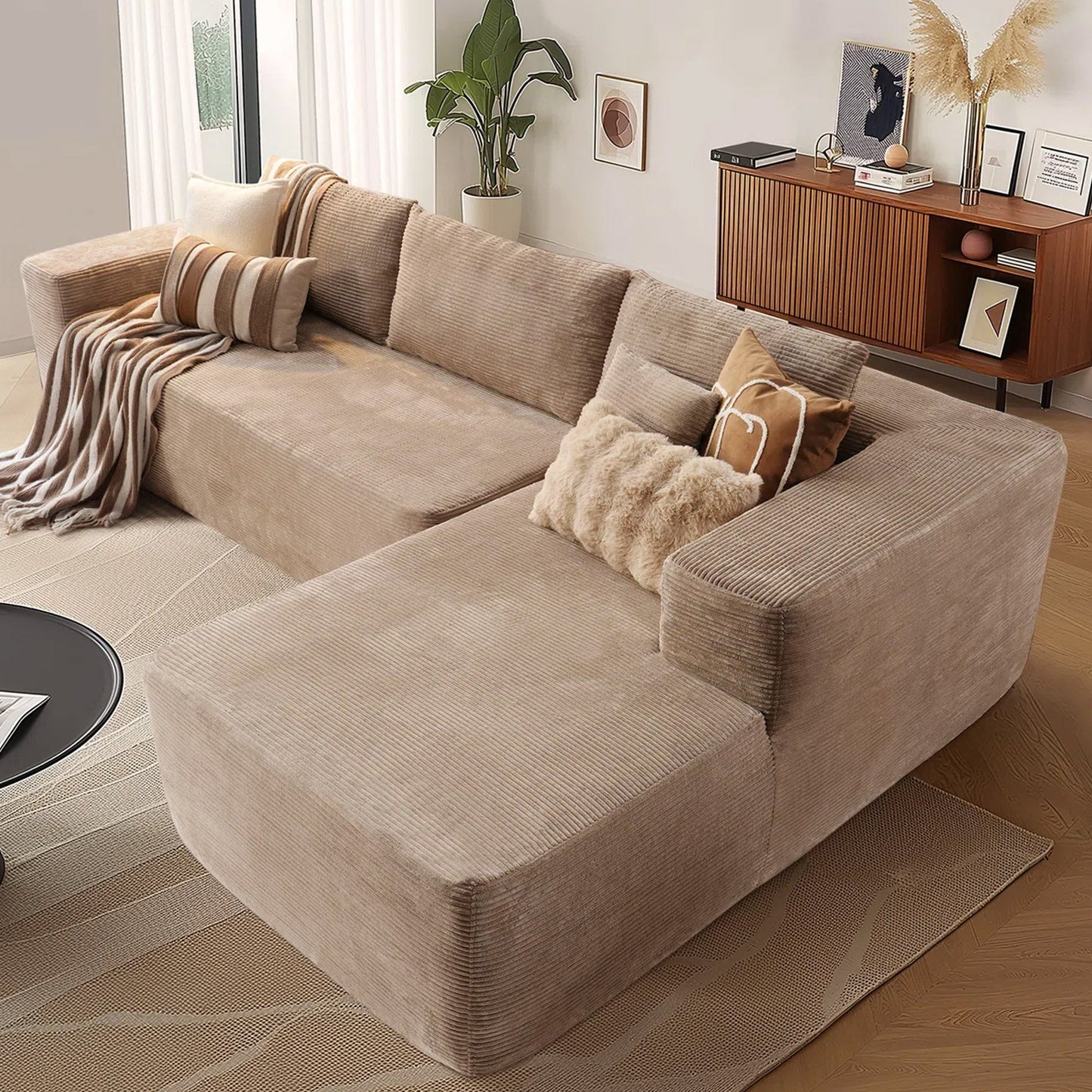 OVIOS 104" L-Shape Modular Couch with Chaise,Corduroy Fabric,No Assembly Required