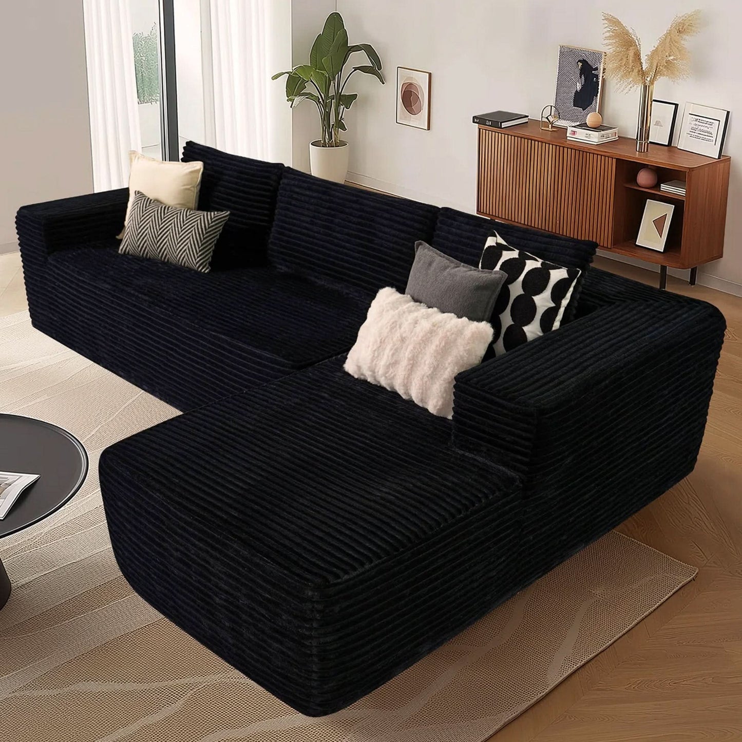 OVIOS 104" L-Shape Modular Couch with Chaise, Plush Corduroy Fabric, No Assembly Required
