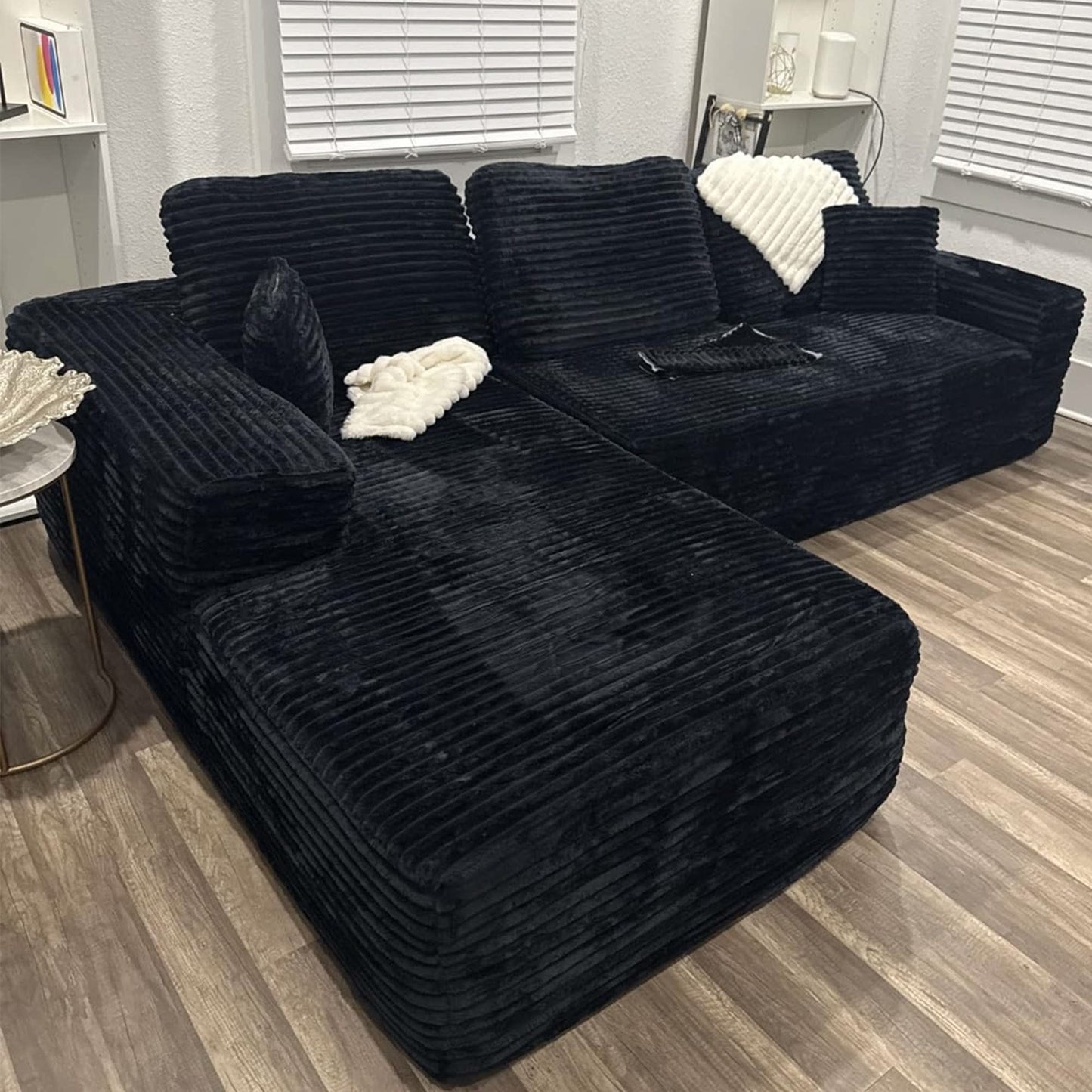 OVIOS 104" L-Shape Modular Couch with Chaise, Plush Corduroy Fabric, No Assembly Required