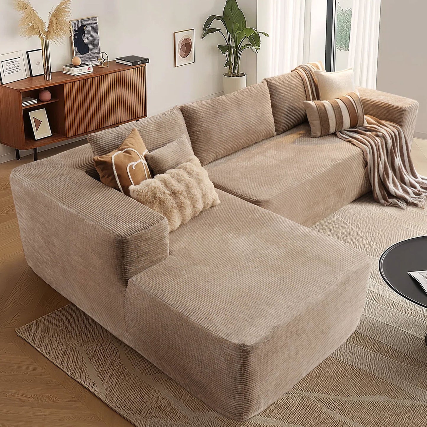 OVIOS 104" L-Shape Modular Couch with Chaise,Corduroy Fabric,No Assembly Required