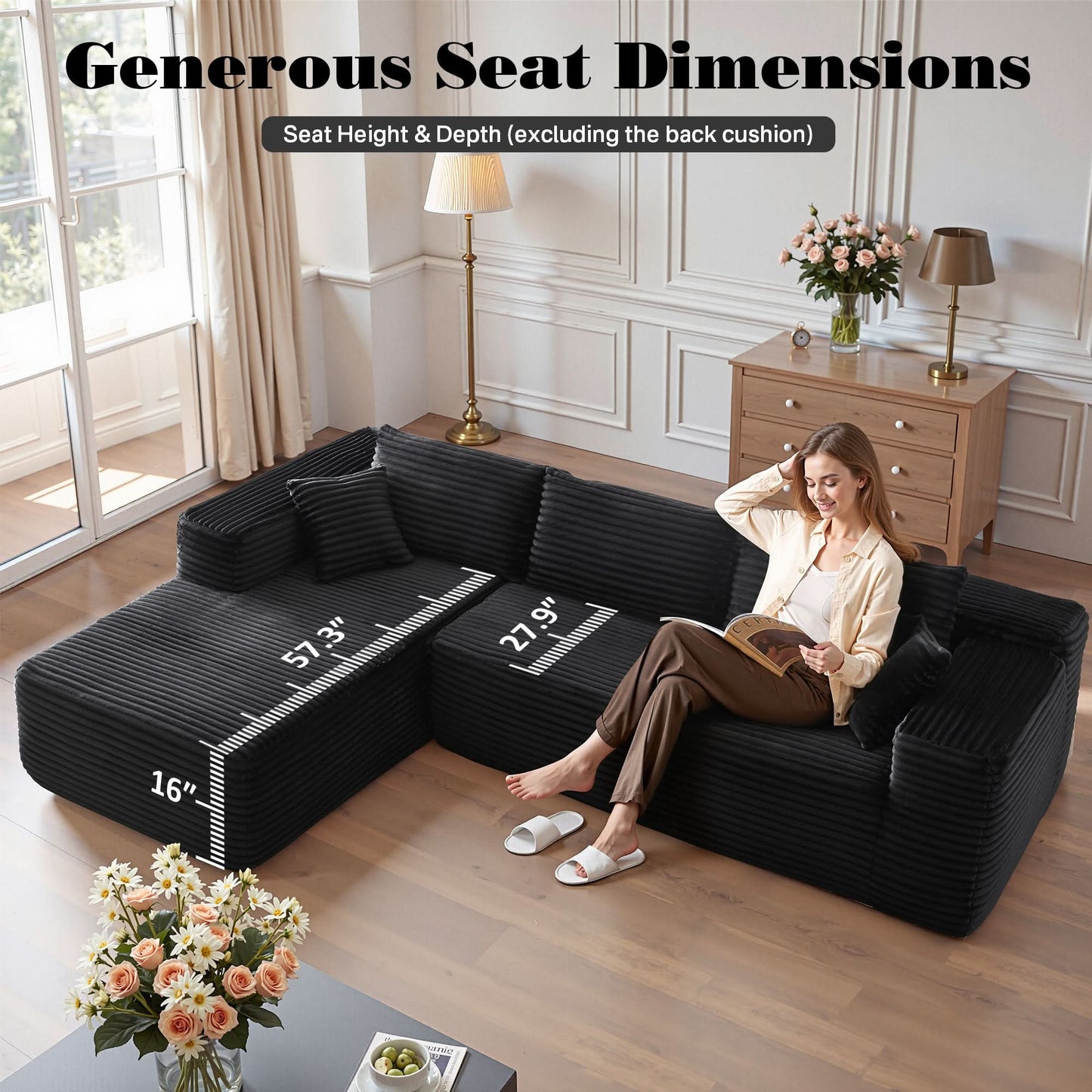 OVIOS 104" L-Shape Modular Couch with Chaise, Plush Corduroy Fabric, No Assembly Required