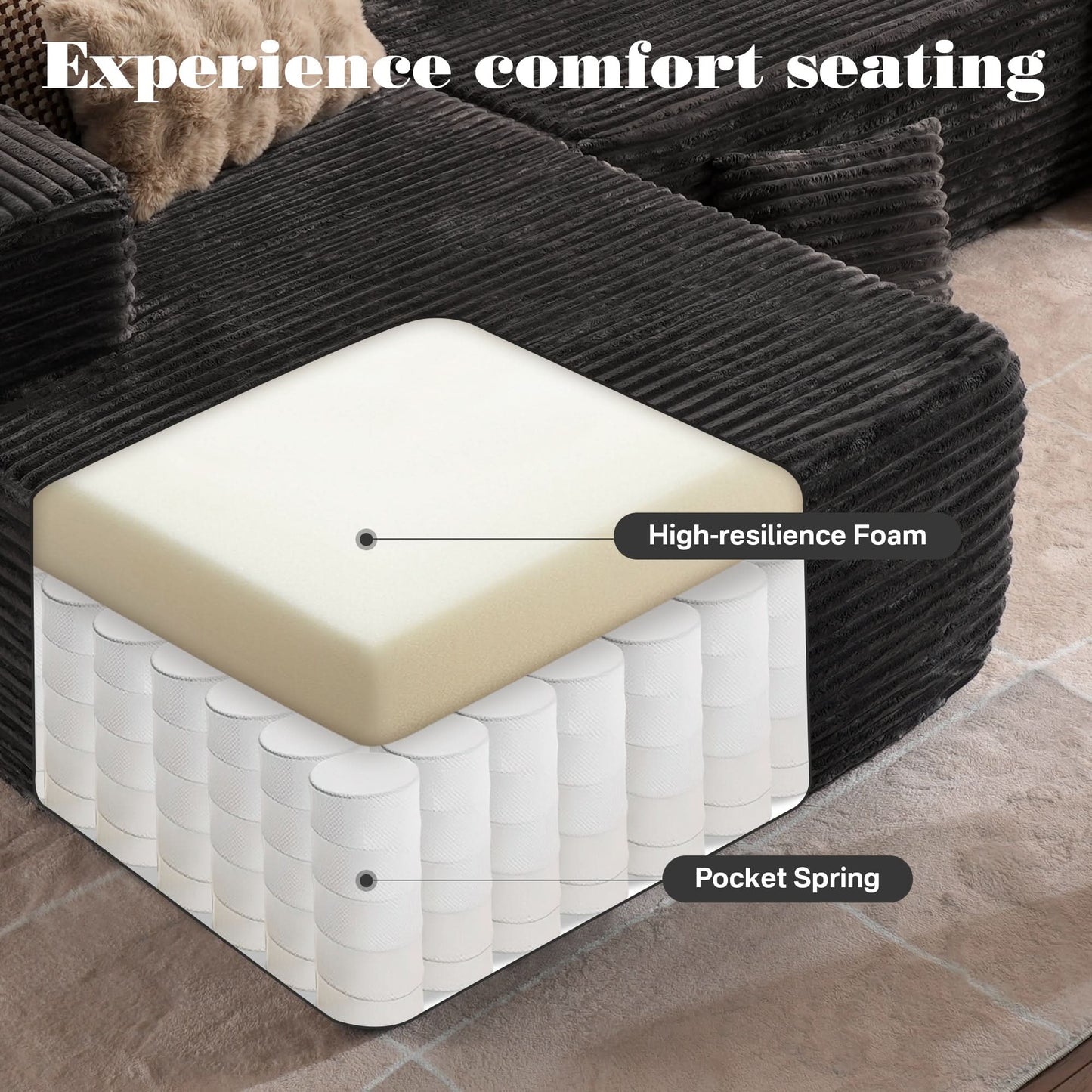 OVIOS 104" L-Shape Modular Couch with Chaise, Plush Corduroy Fabric, No Assembly Required