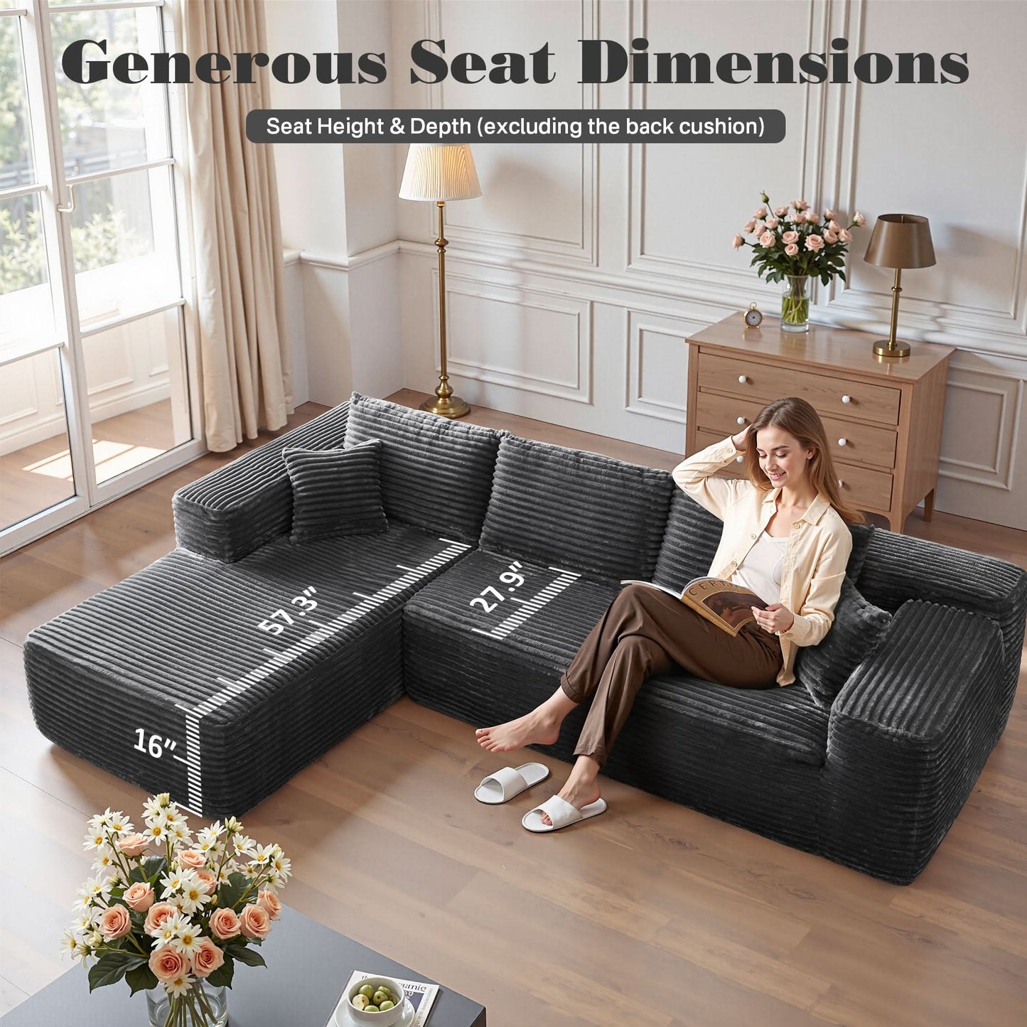 OVIOS 104" L-Shape Modular Couch with Chaise, Plush Corduroy Fabric, No Assembly Required