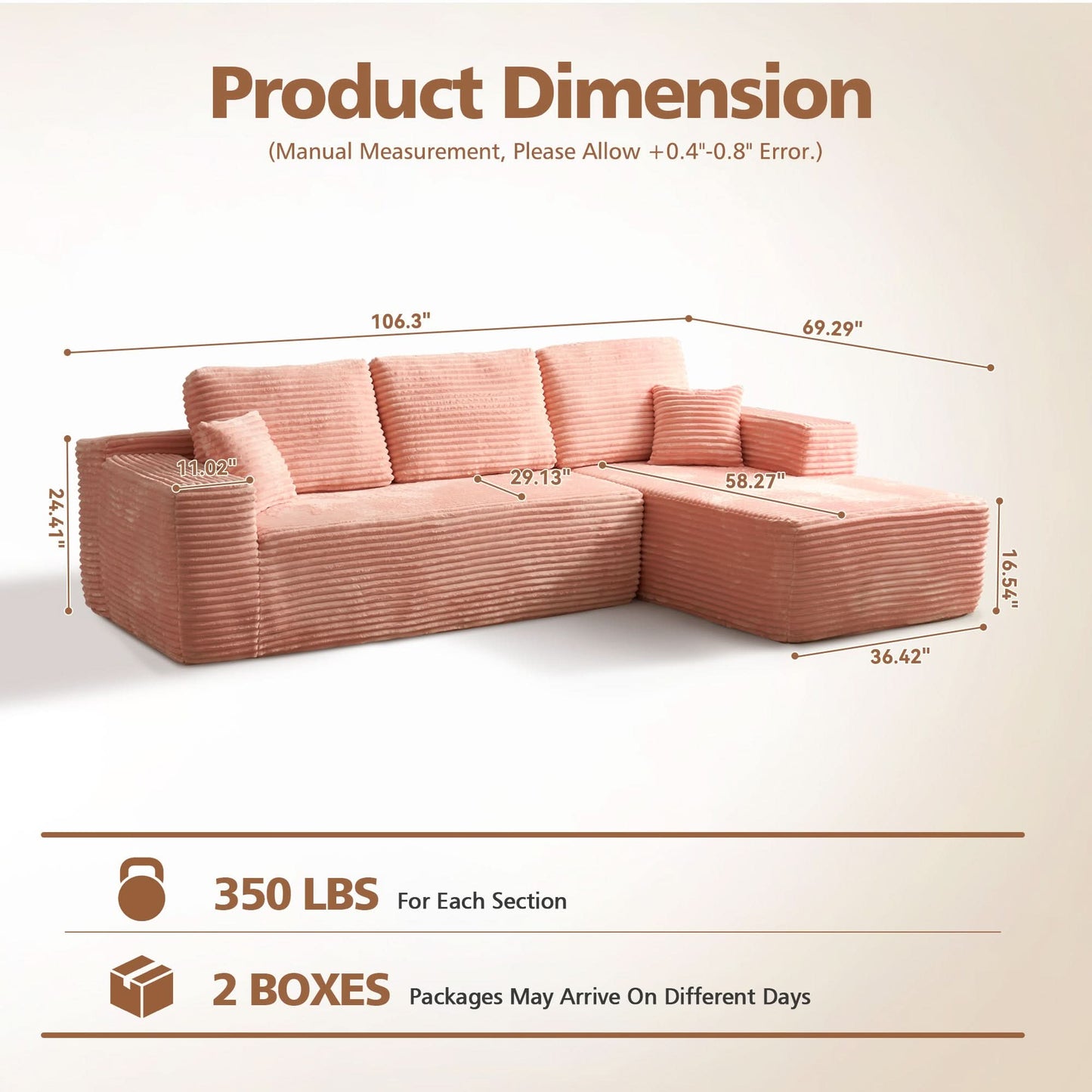 OVIOS 104" L-Shape Modular Couch with Chaise, Plush Corduroy Fabric, No Assembly Required