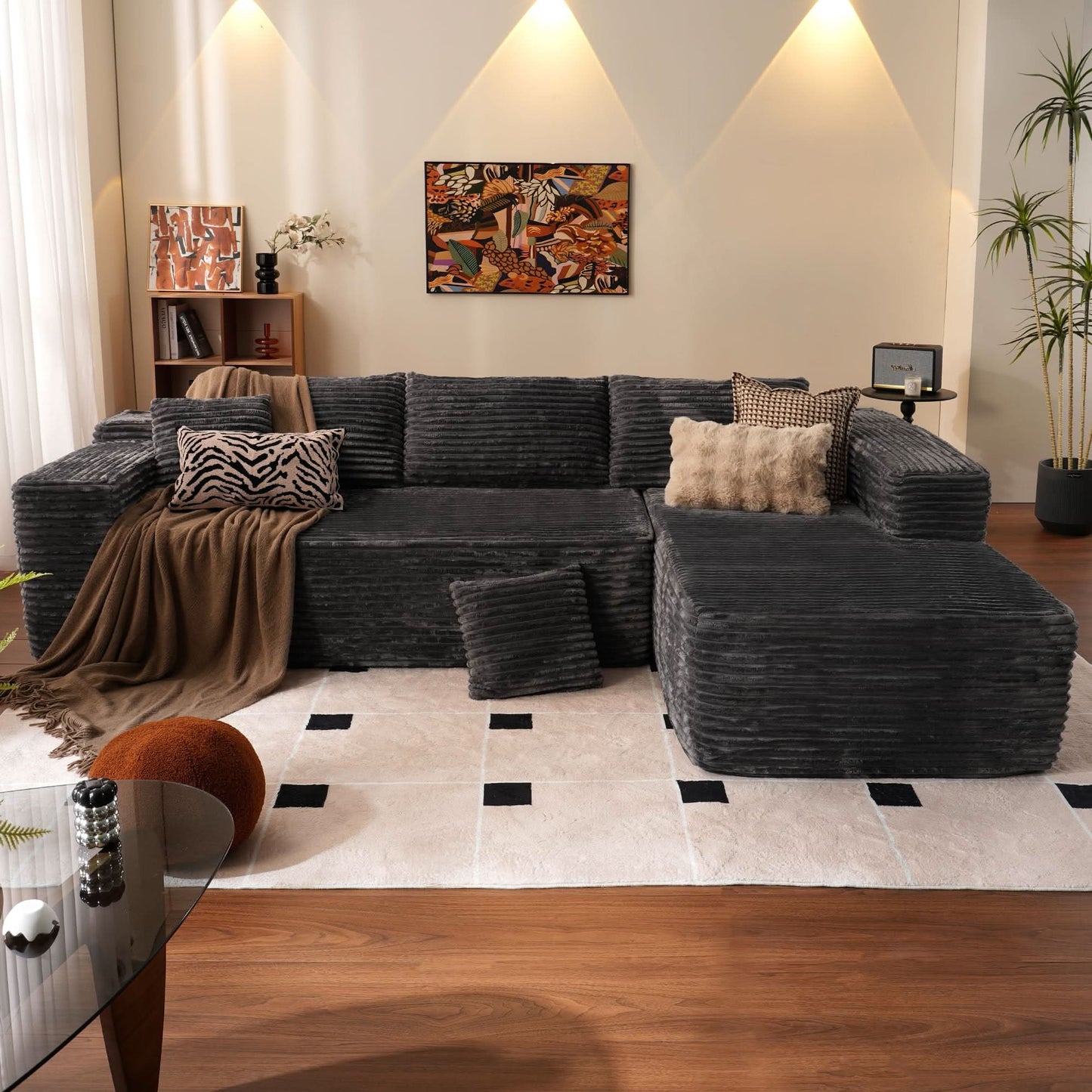 OVIOS 104" L-Shape Modular Couch with Chaise, Plush Corduroy Fabric, No Assembly Required