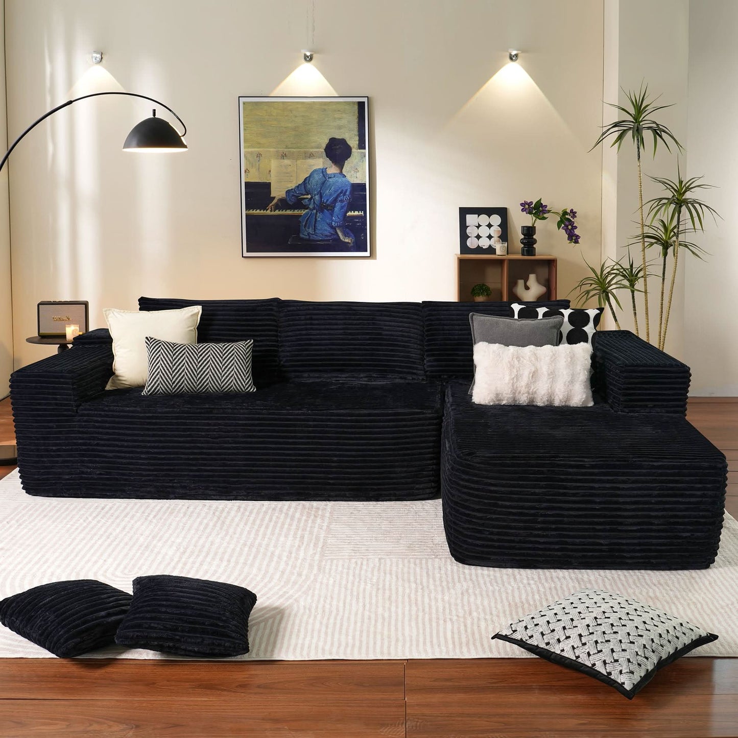 OVIOS 104" L-Shape Modular Couch with Chaise, Plush Corduroy Fabric, No Assembly Required