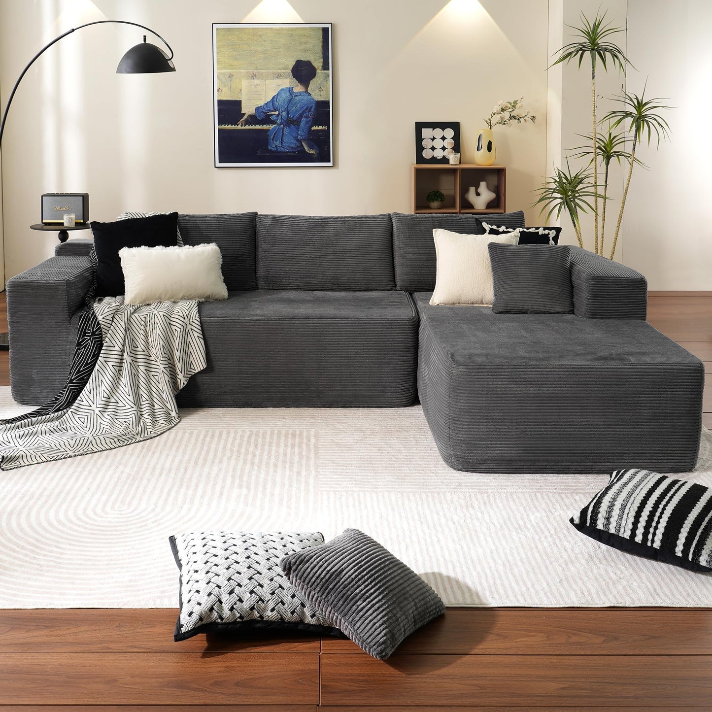 OVIOS 104" L-Shape Modular Couch with Chaise,Corduroy Fabric,No Assembly Required