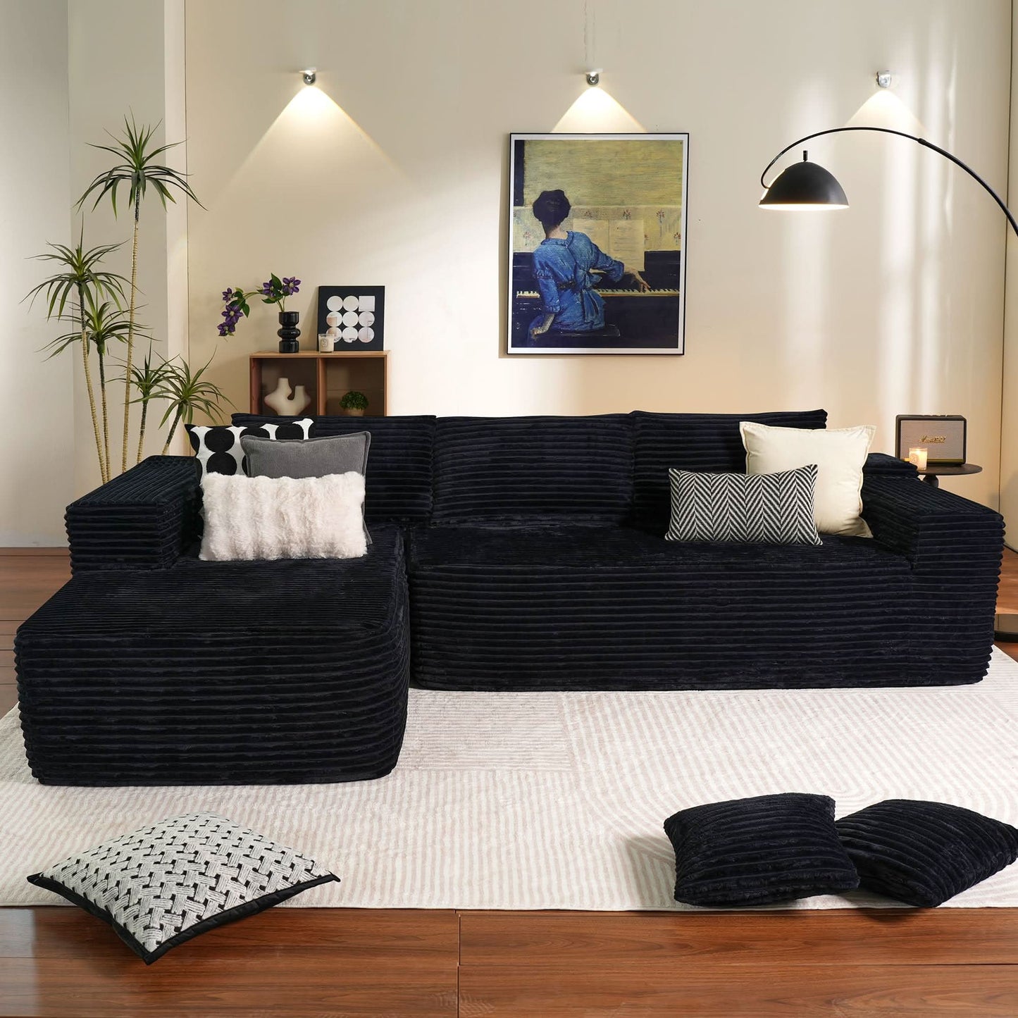OVIOS 104" L-Shape Modular Couch with Chaise, Plush Corduroy Fabric, No Assembly Required