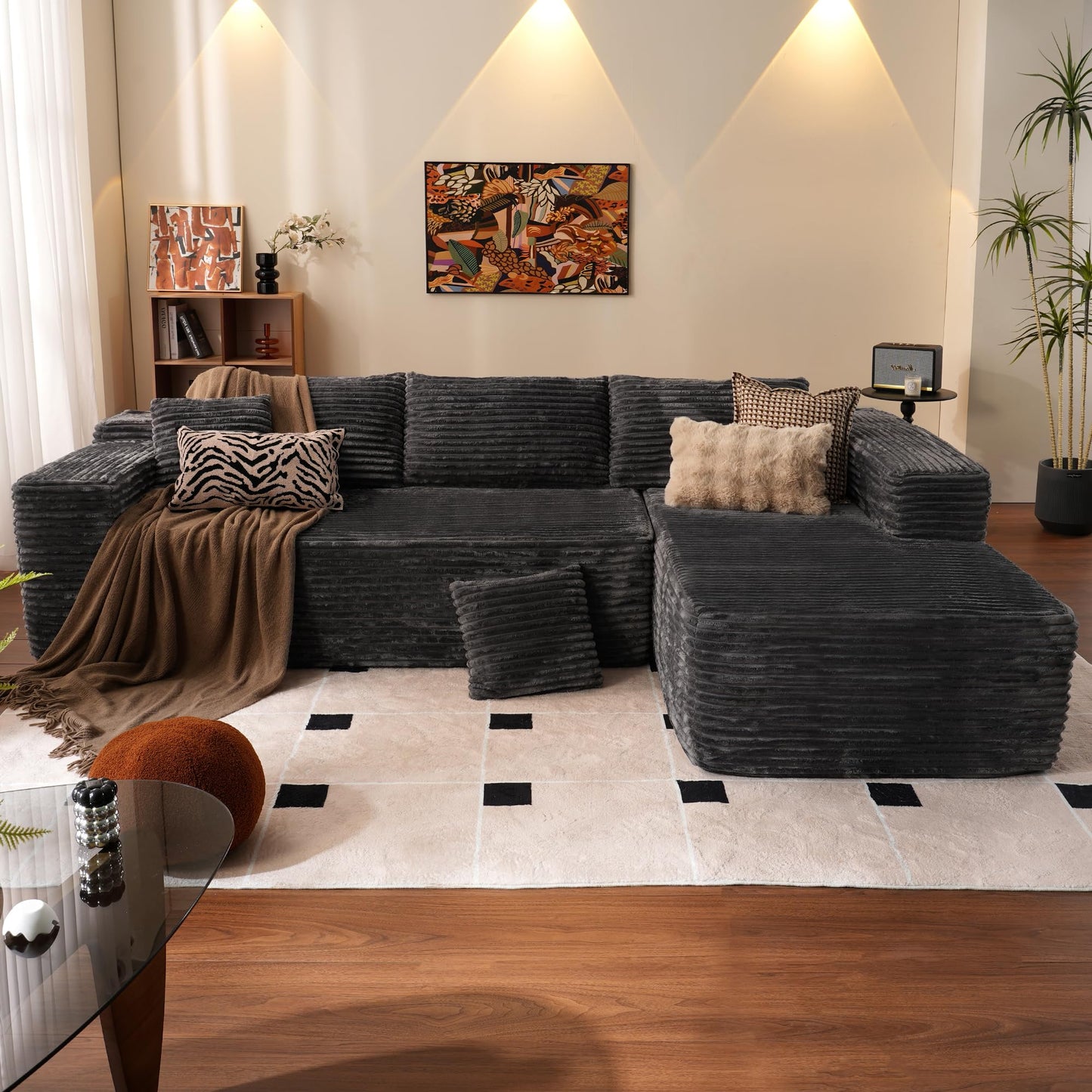 OVIOS 104" L-Shape Modular Couch with Chaise,Corduroy Fabric,No Assembly Required