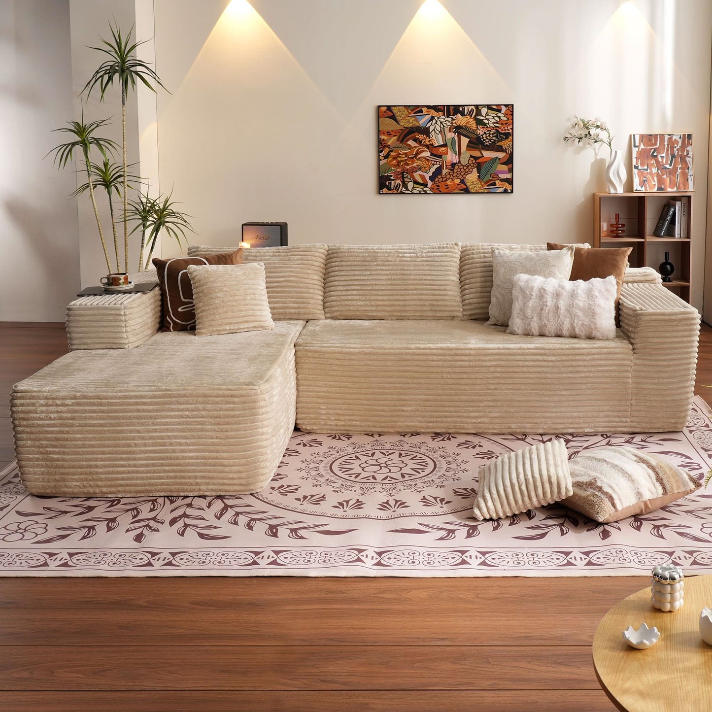 OVIOS 104" L-Shape Modular Couch with Chaise, Plush Corduroy Fabric, No Assembly Required