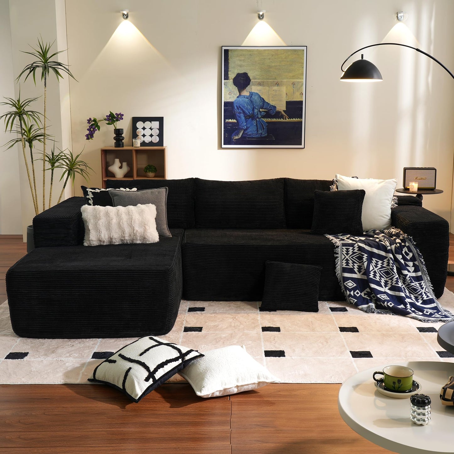 OVIOS 104" L-Shape Modular Couch with Chaise,Corduroy Fabric,No Assembly Required