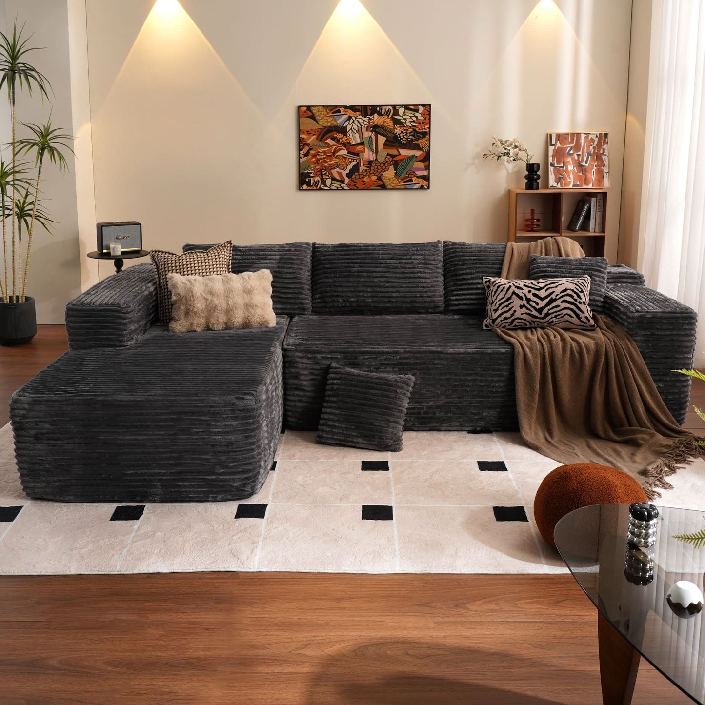 OVIOS 104" L-Shape Modular Couch with Chaise, Plush Corduroy Fabric, No Assembly Required