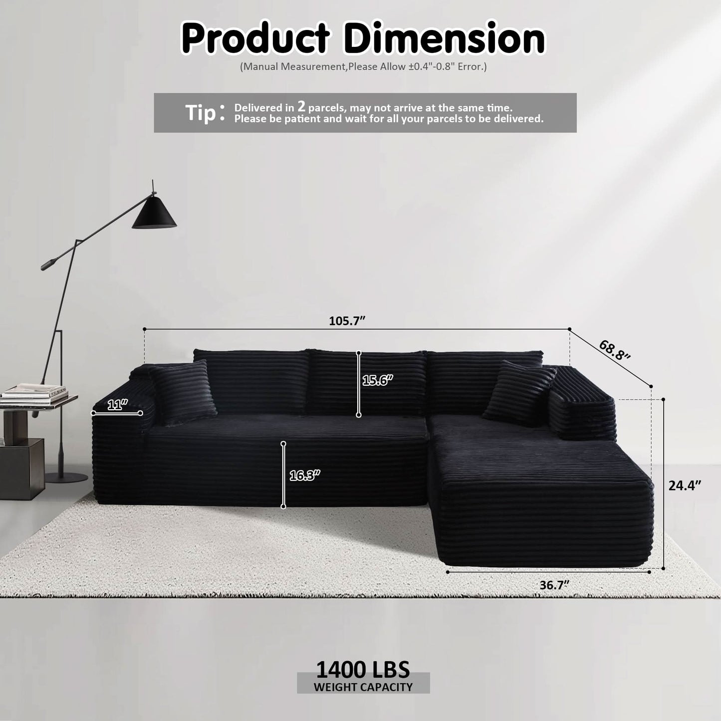 OVIOS 104" L-Shape Modular Couch with Chaise, Plush Corduroy Fabric, No Assembly Required