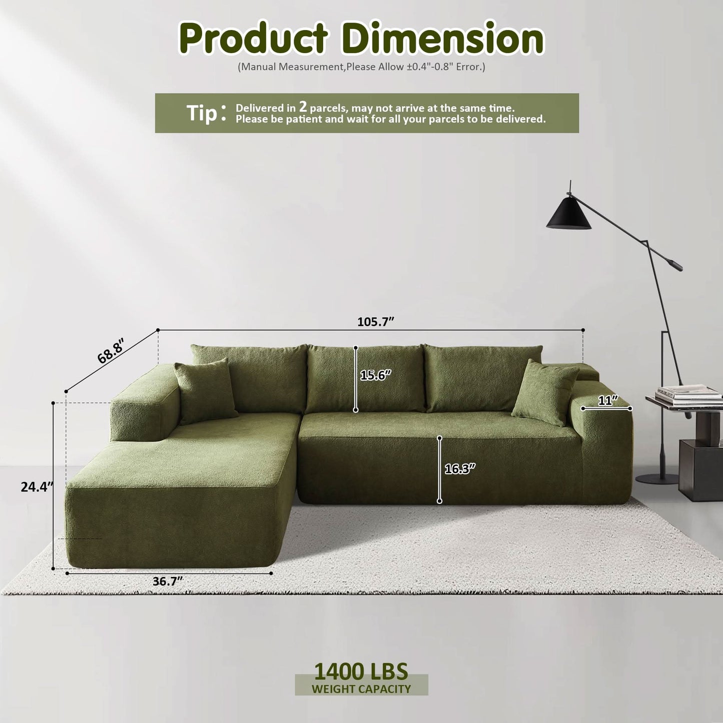 OVIOS 104" L-Shape Modular Couch with Chaise,Cloud Velvet Fabric,No Assembly Required