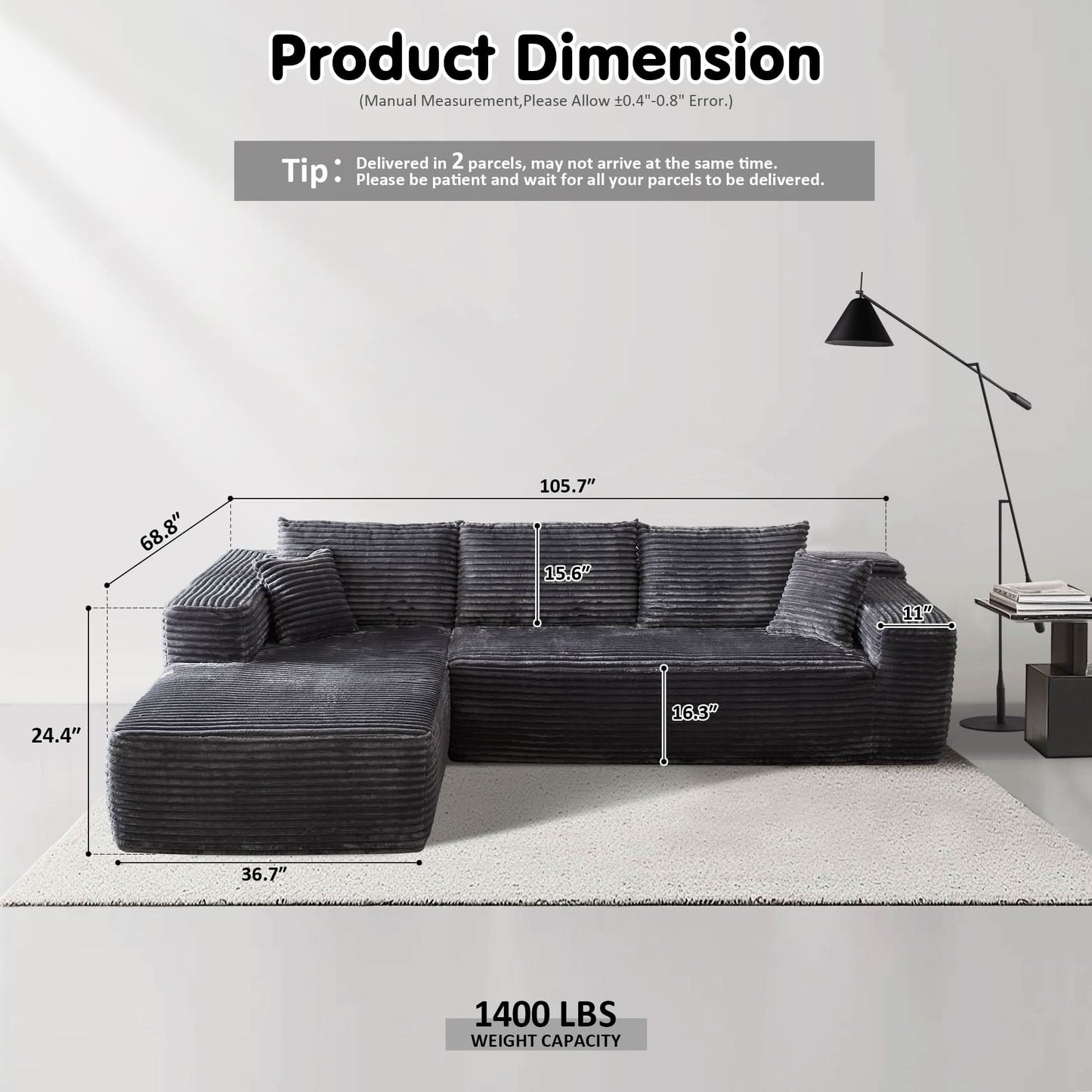 OVIOS 104" L-Shape Modular Couch with Chaise, Plush Corduroy Fabric, No Assembly Required