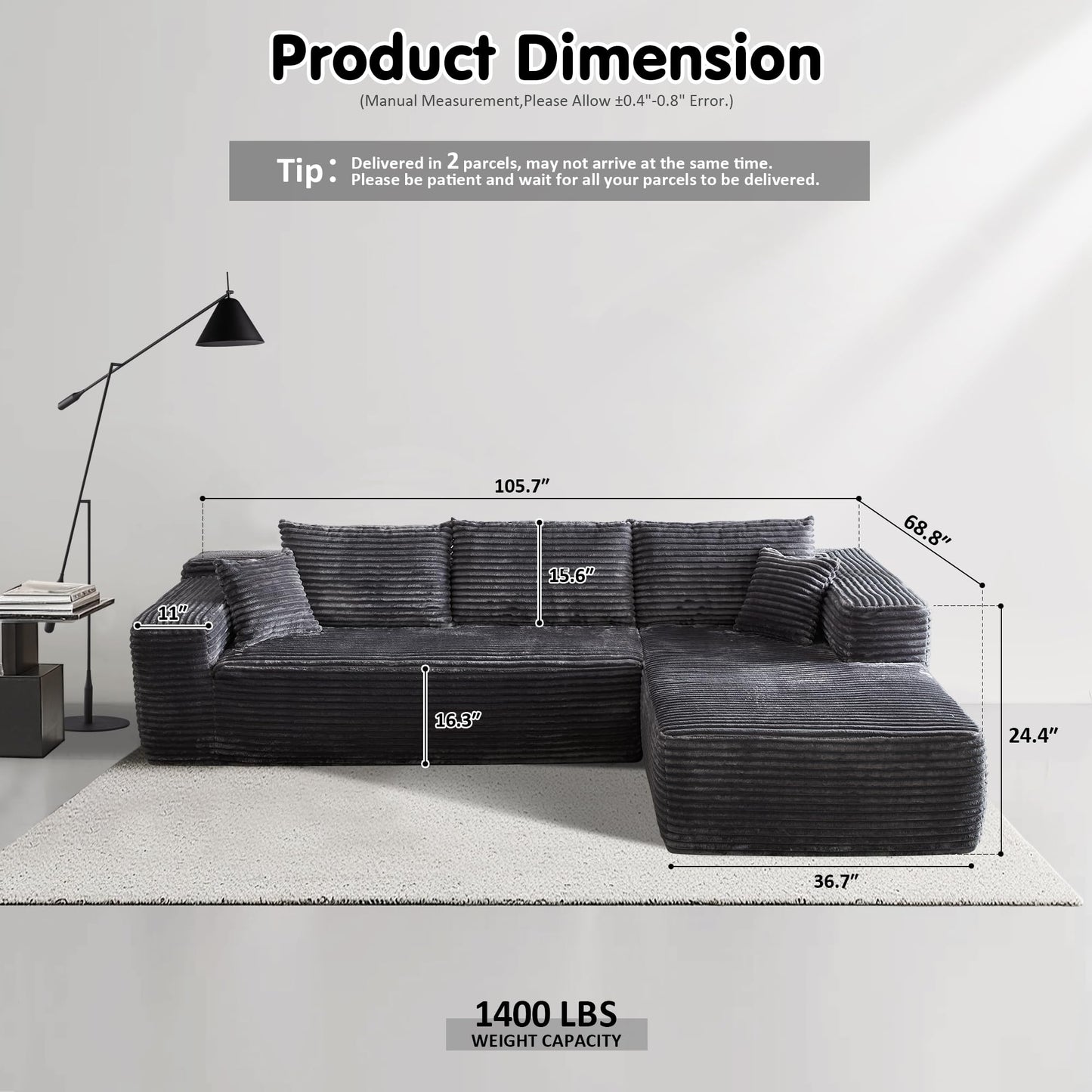 OVIOS 104" L-Shape Modular Couch with Chaise,Corduroy Fabric,No Assembly Required