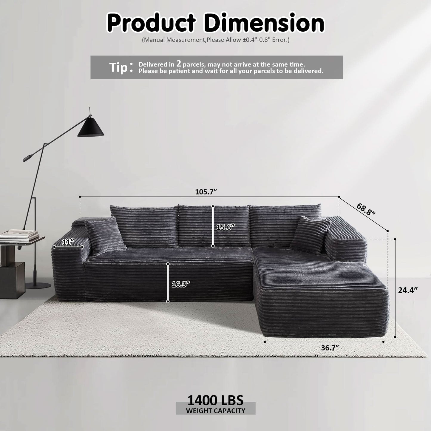 OVIOS 104" L-Shape Modular Couch with Chaise, Plush Corduroy Fabric, No Assembly Required