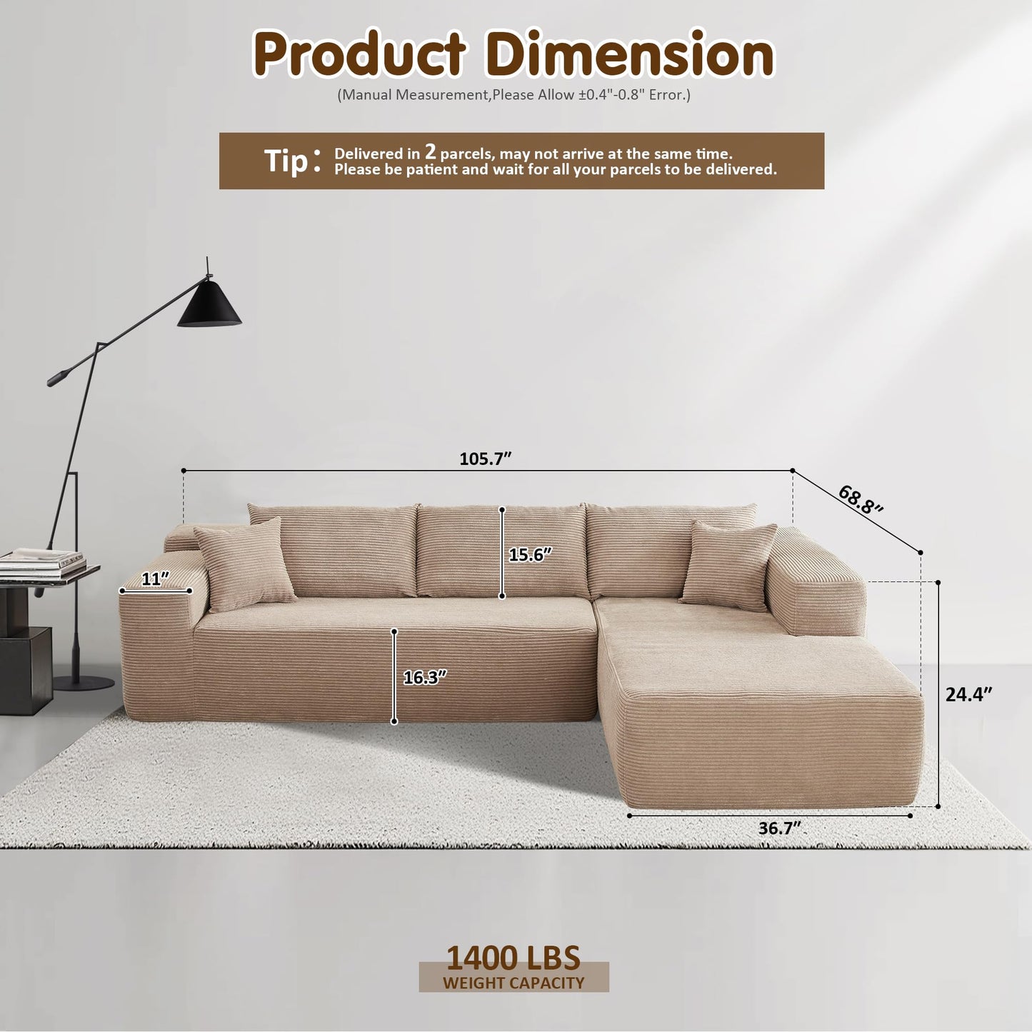 OVIOS 104" L-Shape Modular Couch with Chaise,Corduroy Fabric,No Assembly Required