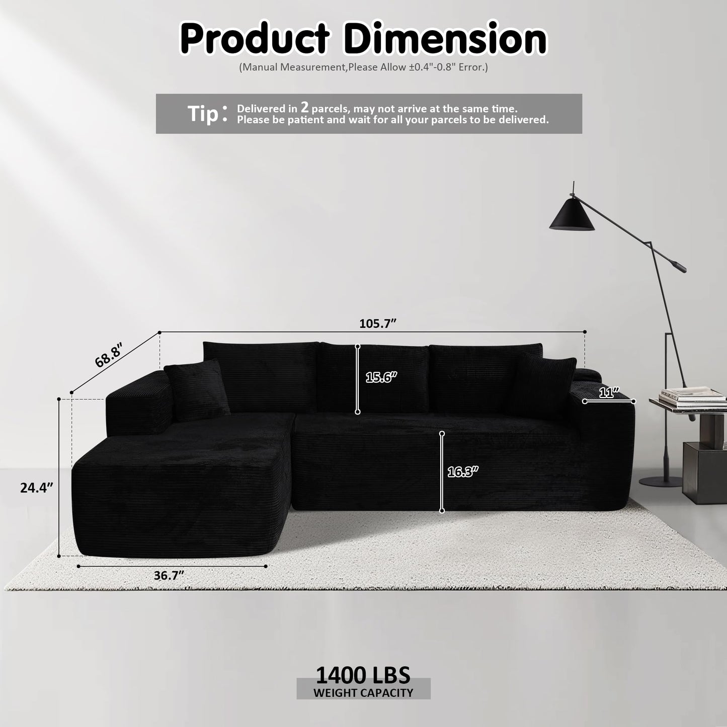 OVIOS 104" L-Shape Modular Couch with Chaise,Corduroy Fabric,No Assembly Required