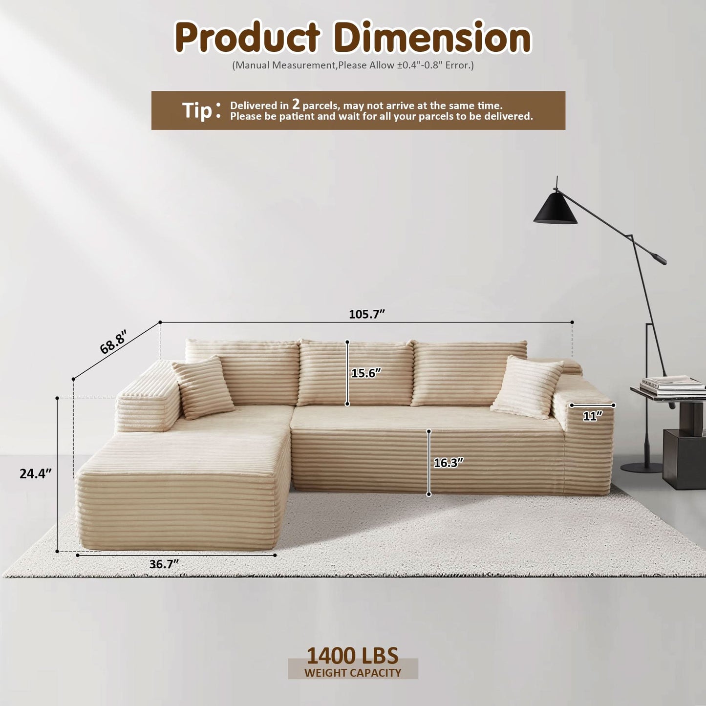 OVIOS 104" L-Shape Modular Couch with Chaise, Plush Corduroy Fabric, No Assembly Required