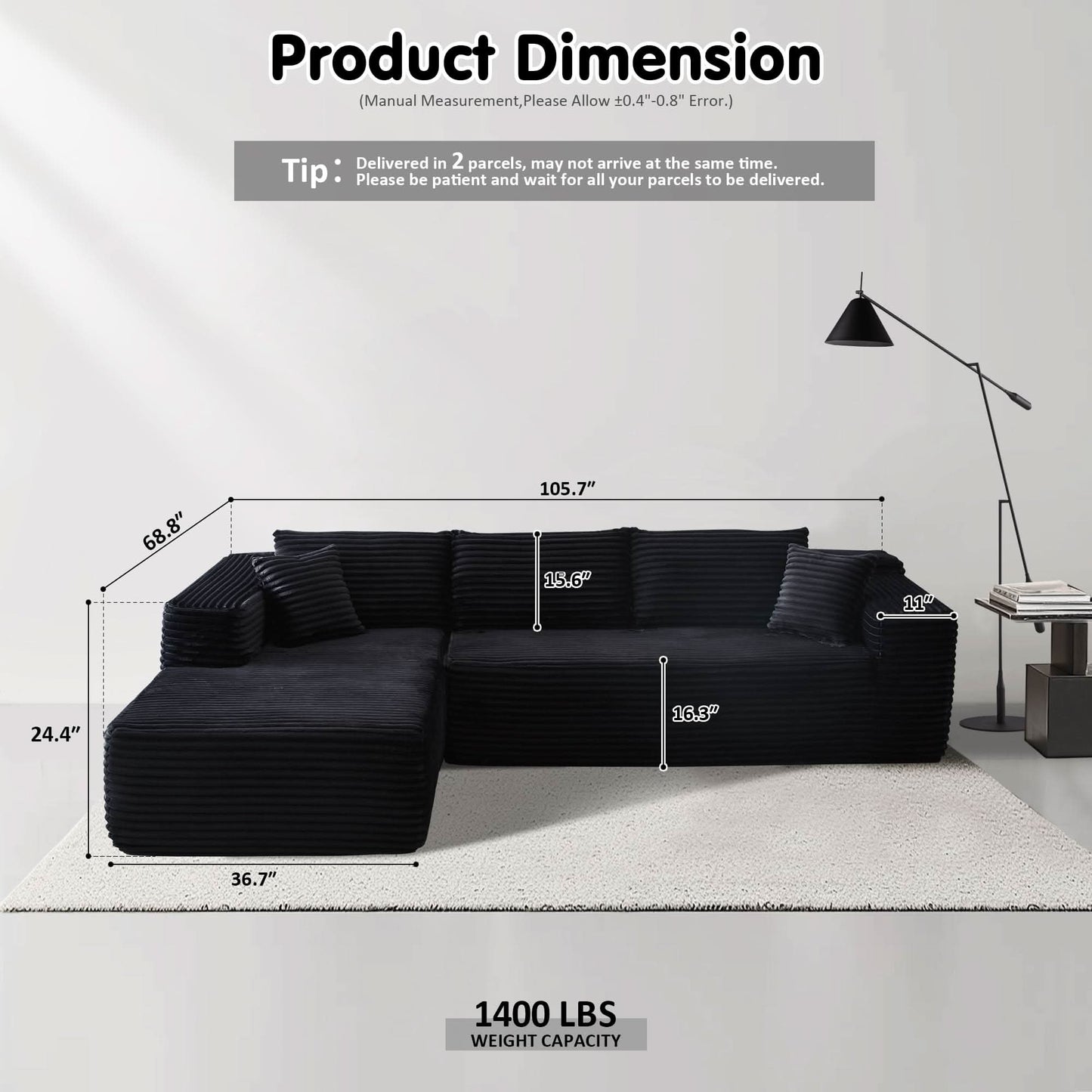OVIOS 104" L-Shape Modular Couch with Chaise, Plush Corduroy Fabric, No Assembly Required