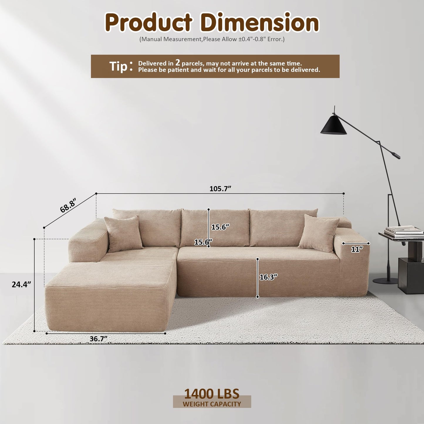OVIOS 104" L-Shape Modular Couch with Chaise,Corduroy Fabric,No Assembly Required