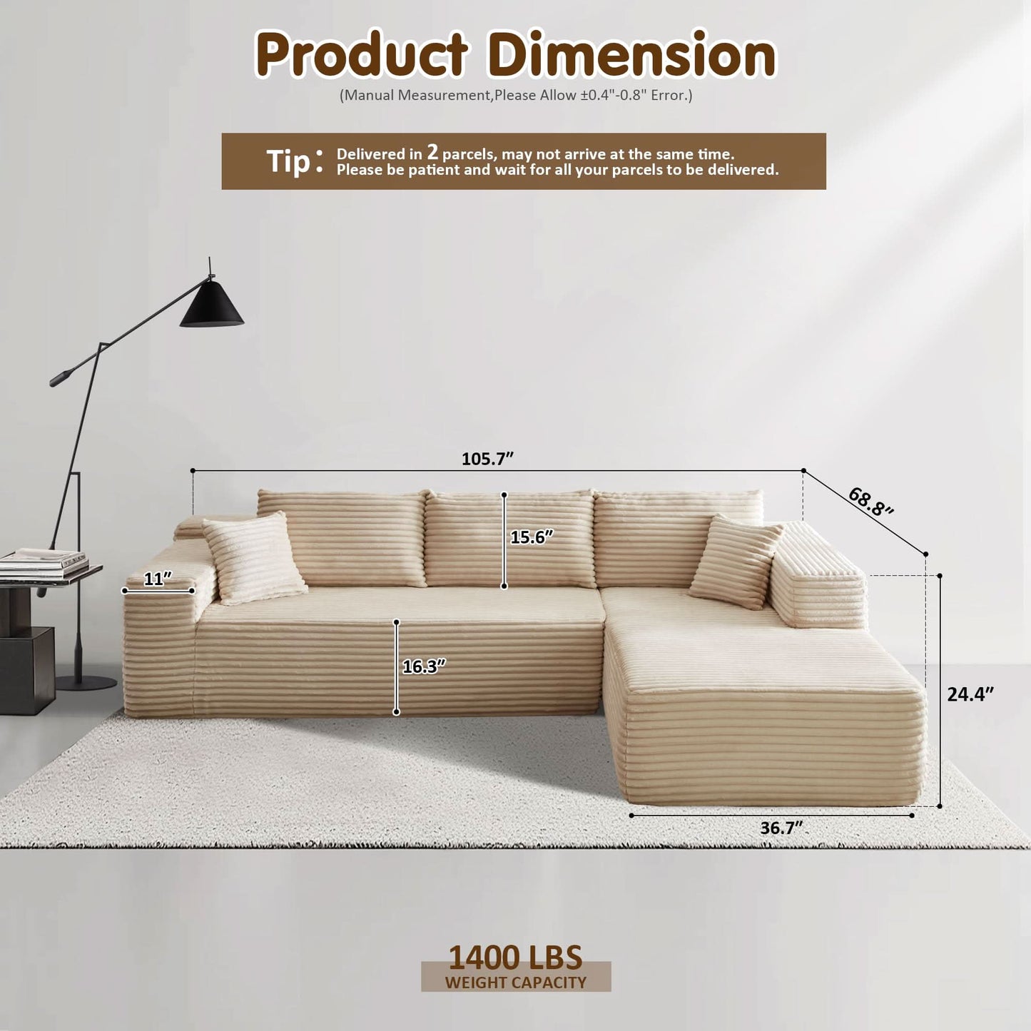 OVIOS 104" L-Shape Modular Couch with Chaise, Plush Corduroy Fabric, No Assembly Required