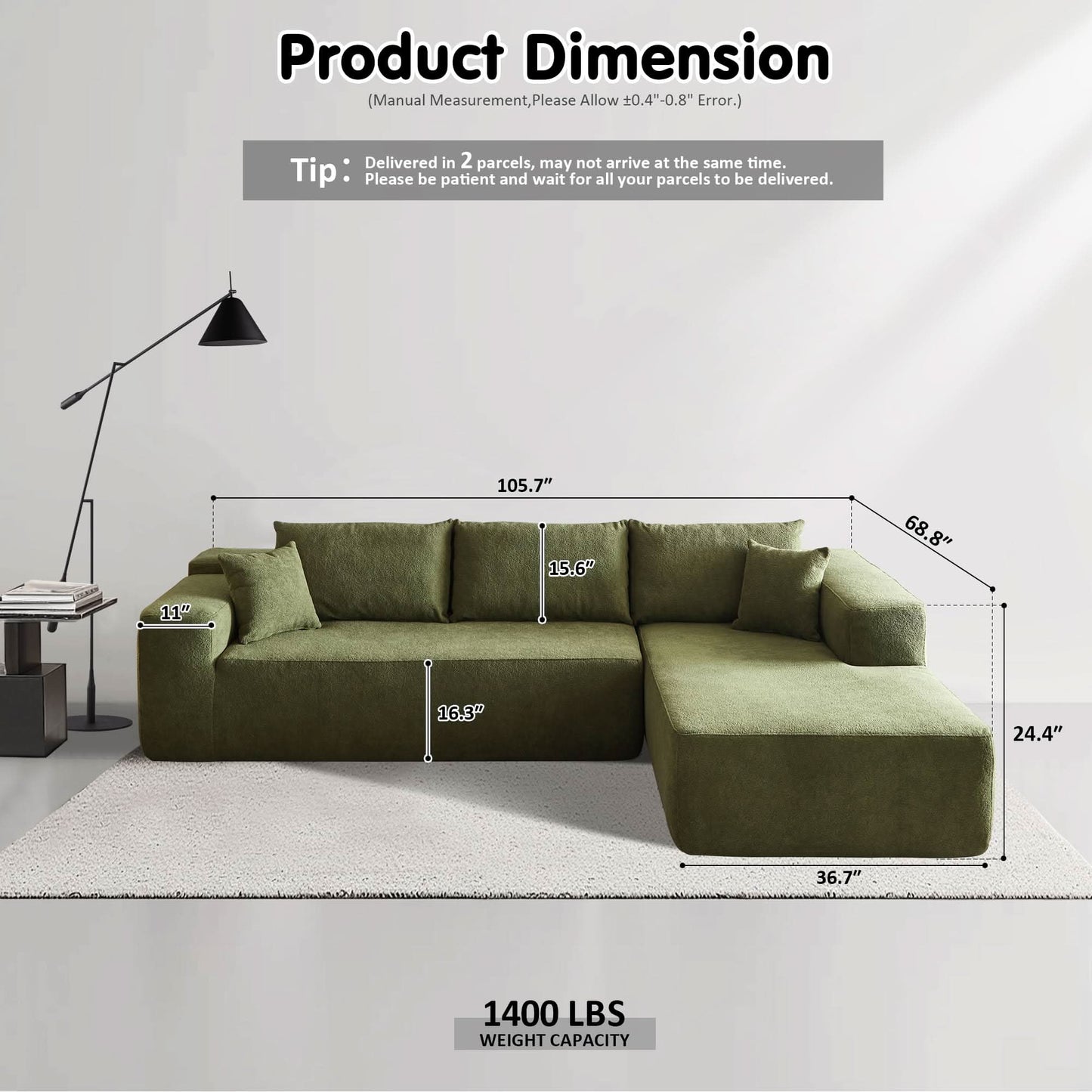 OVIOS 104" L-Shape Modular Couch with Chaise,Cloud Velvet Fabric,No Assembly Required