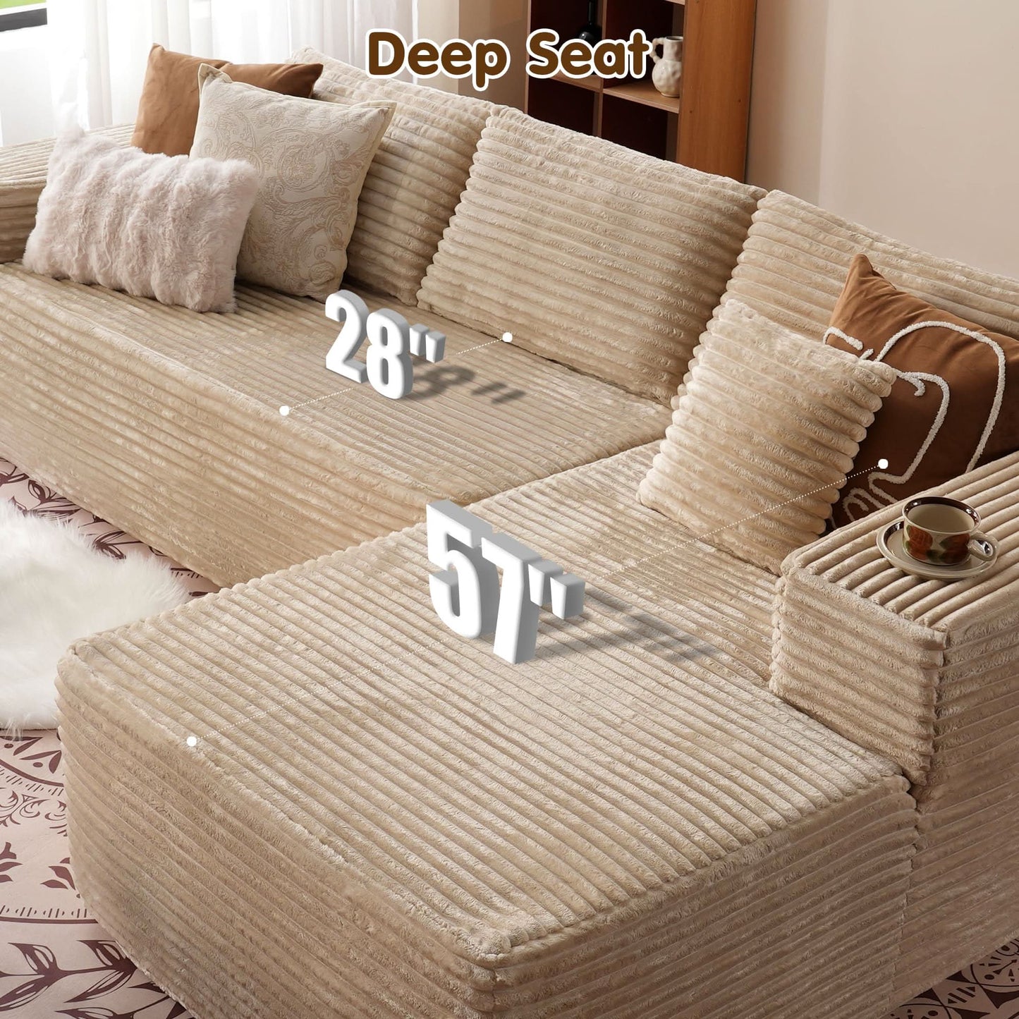 OVIOS 104" L-Shape Modular Couch with Chaise, Plush Corduroy Fabric, No Assembly Required
