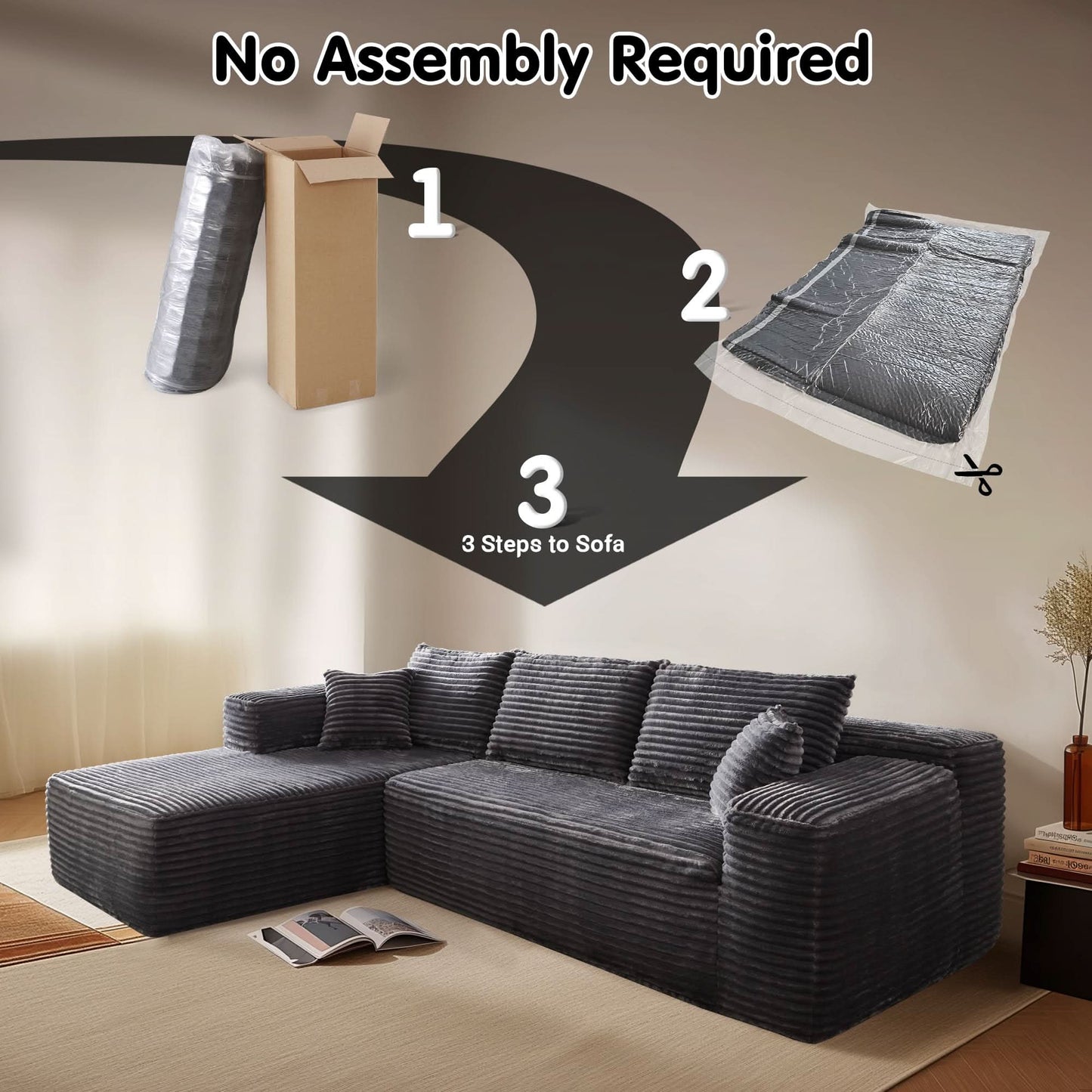OVIOS 104" L-Shape Modular Couch with Chaise, Plush Corduroy Fabric, No Assembly Required