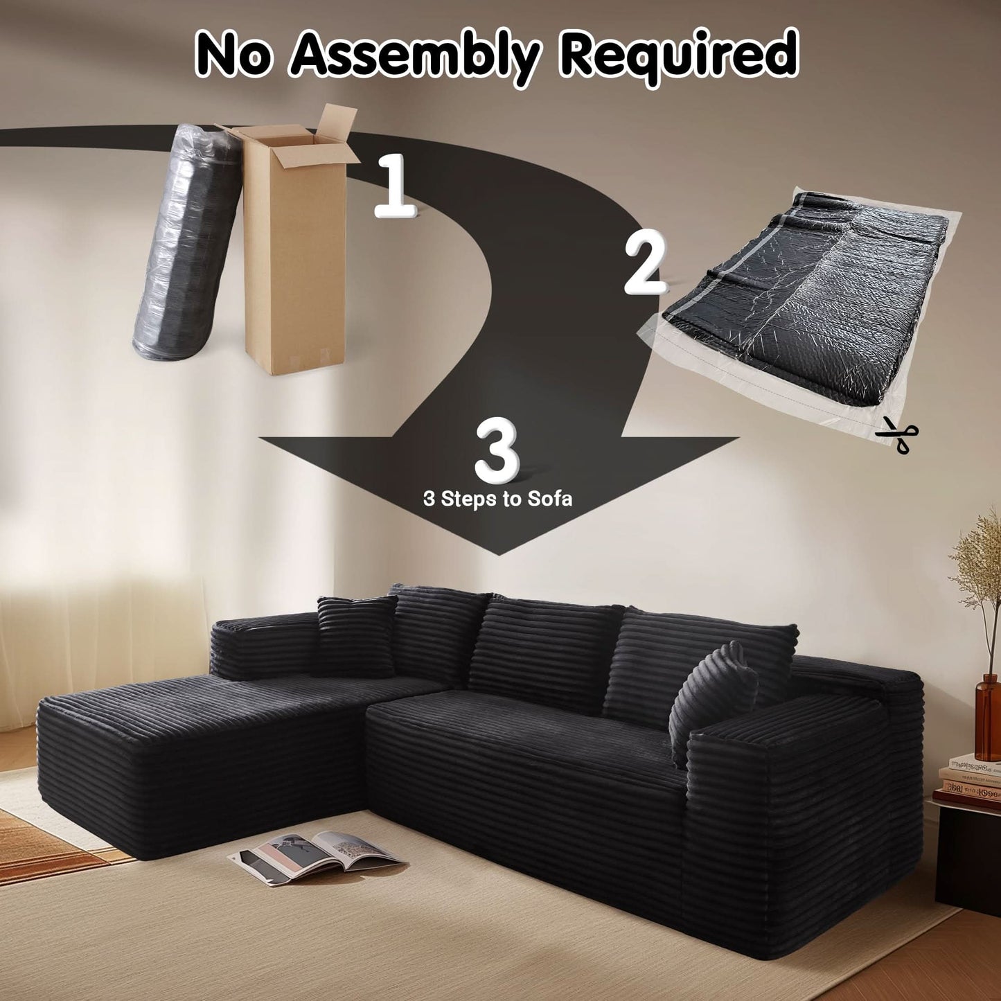 OVIOS 104" L-Shape Modular Couch with Chaise, Plush Corduroy Fabric, No Assembly Required