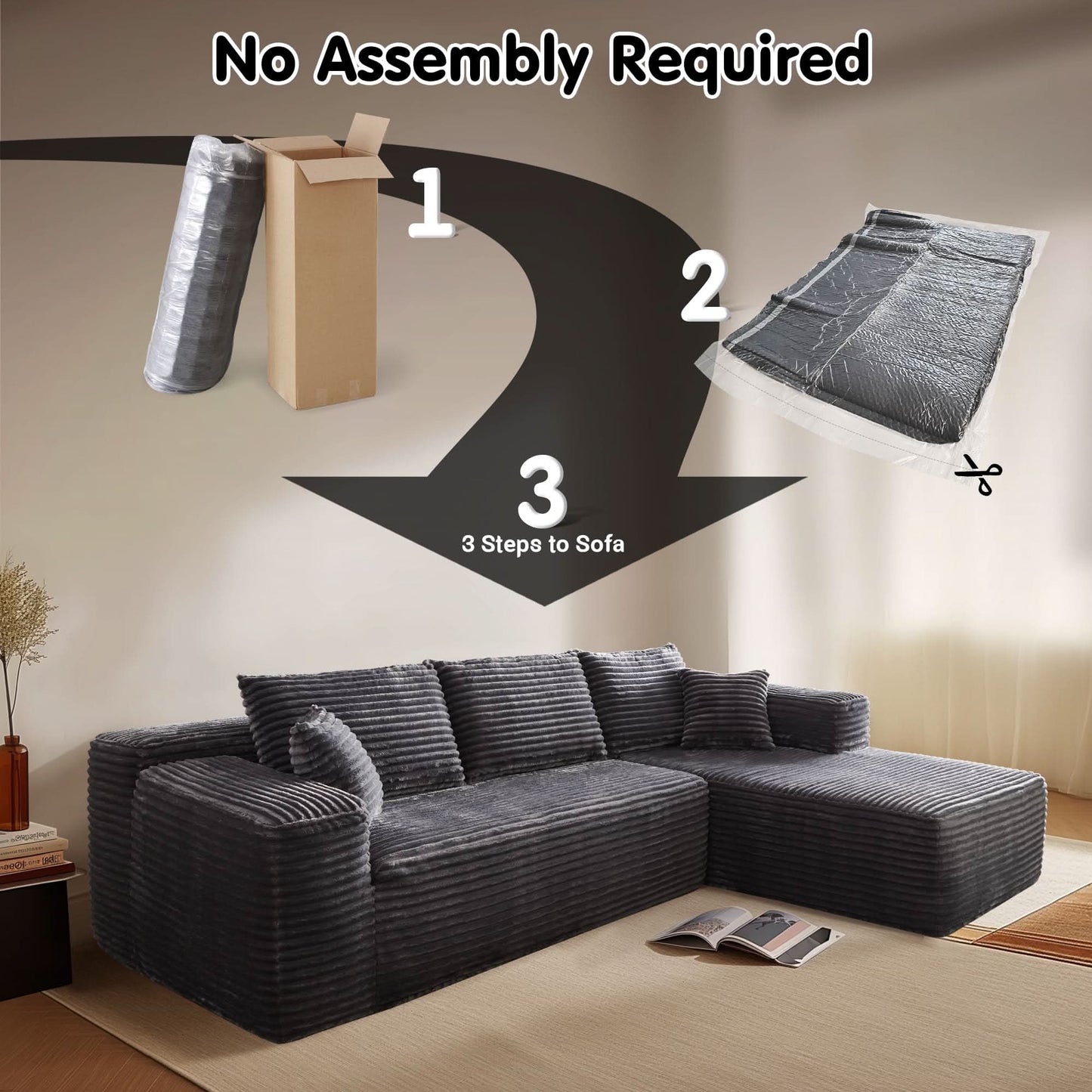 OVIOS 104" L-Shape Modular Couch with Chaise, Plush Corduroy Fabric, No Assembly Required
