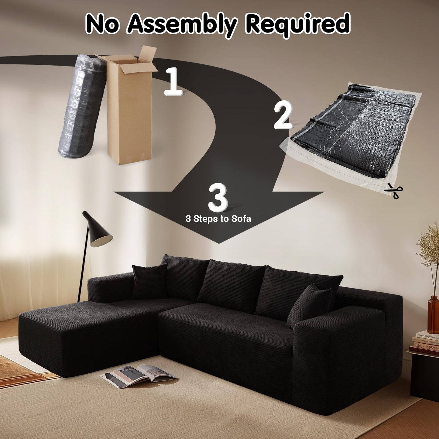 OVIOS 104" L-Shape Modular Couch with Chaise,Corduroy Fabric,No Assembly Required
