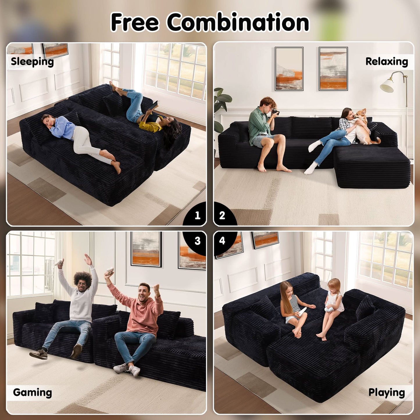 OVIOS 104" L-Shape Modular Couch with Chaise, Plush Corduroy Fabric, No Assembly Required