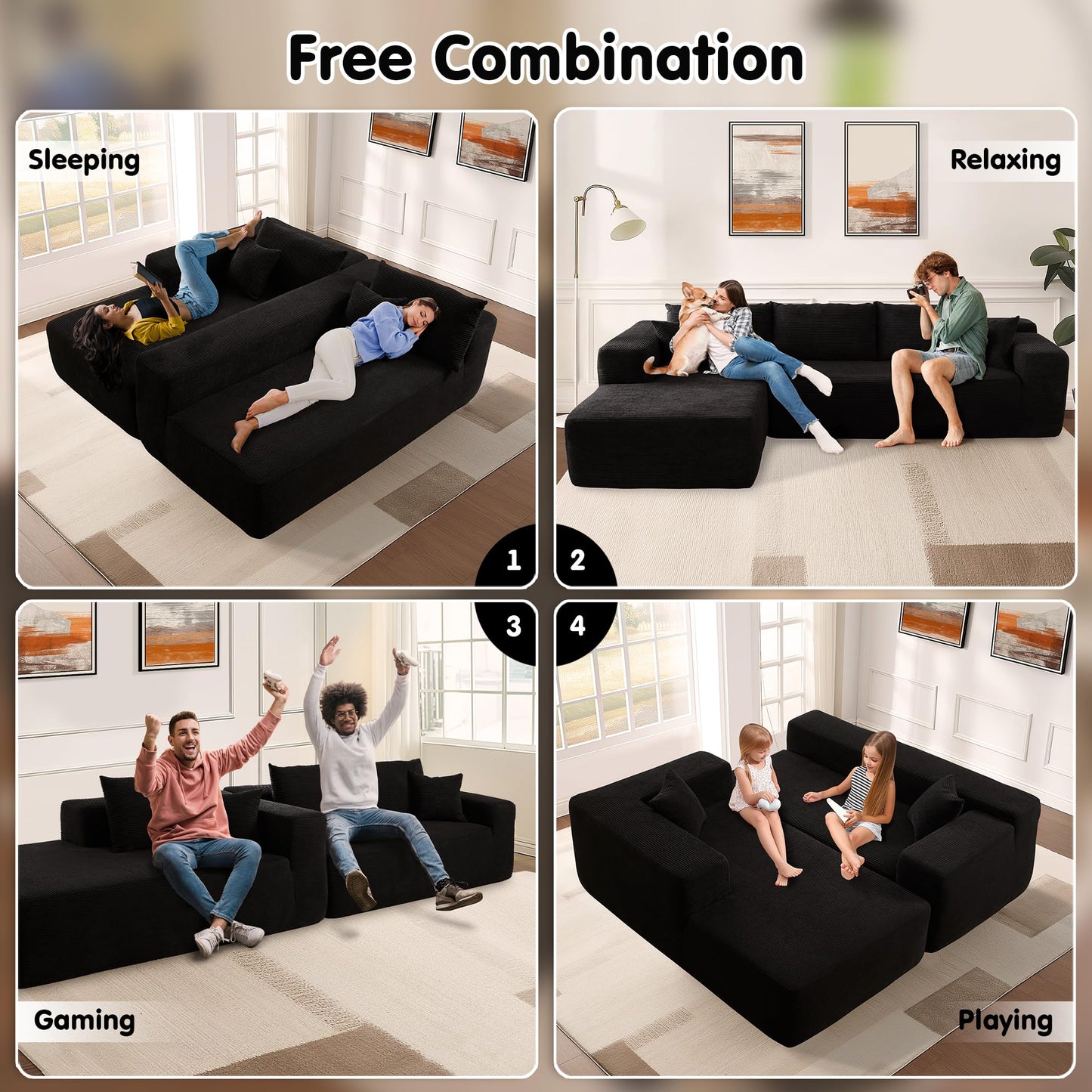 OVIOS 104" L-Shape Modular Couch with Chaise,Corduroy Fabric,No Assembly Required