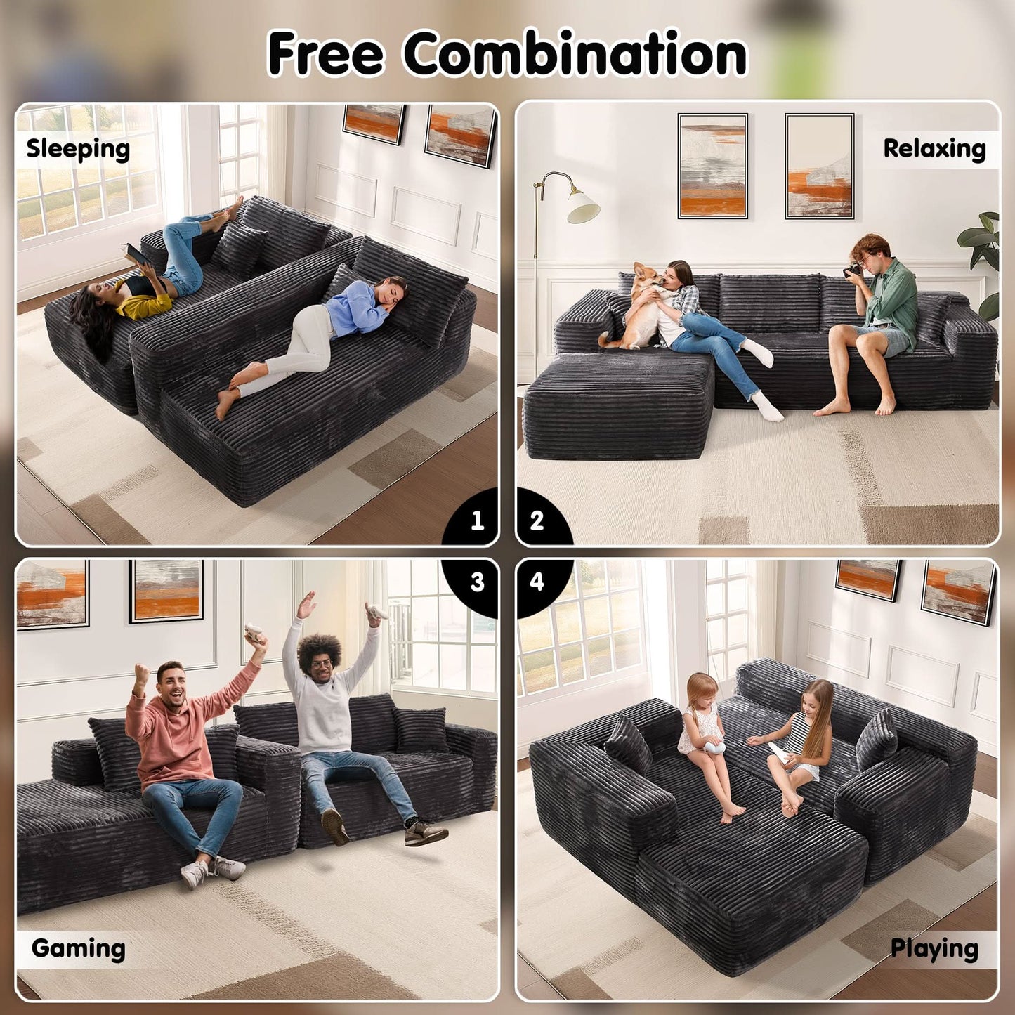 OVIOS 104" L-Shape Modular Couch with Chaise, Plush Corduroy Fabric, No Assembly Required