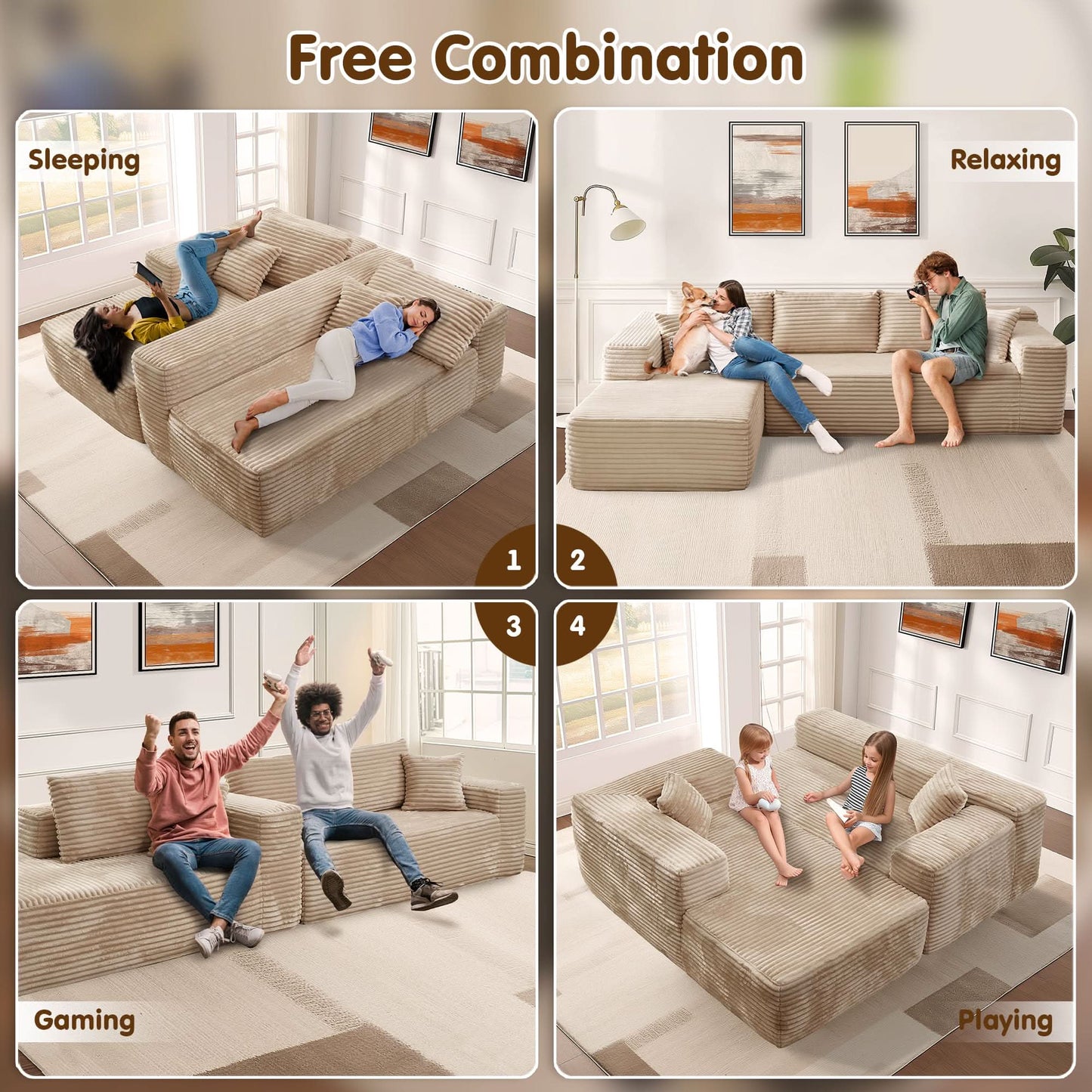 OVIOS 104" L-Shape Modular Couch with Chaise, Plush Corduroy Fabric, No Assembly Required