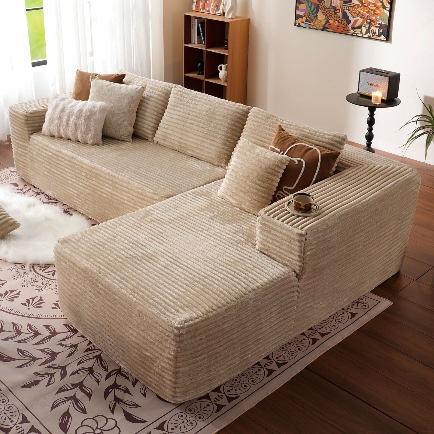 OVIOS 104" L-Shape Modular Couch with Chaise, Plush Corduroy Fabric, No Assembly Required