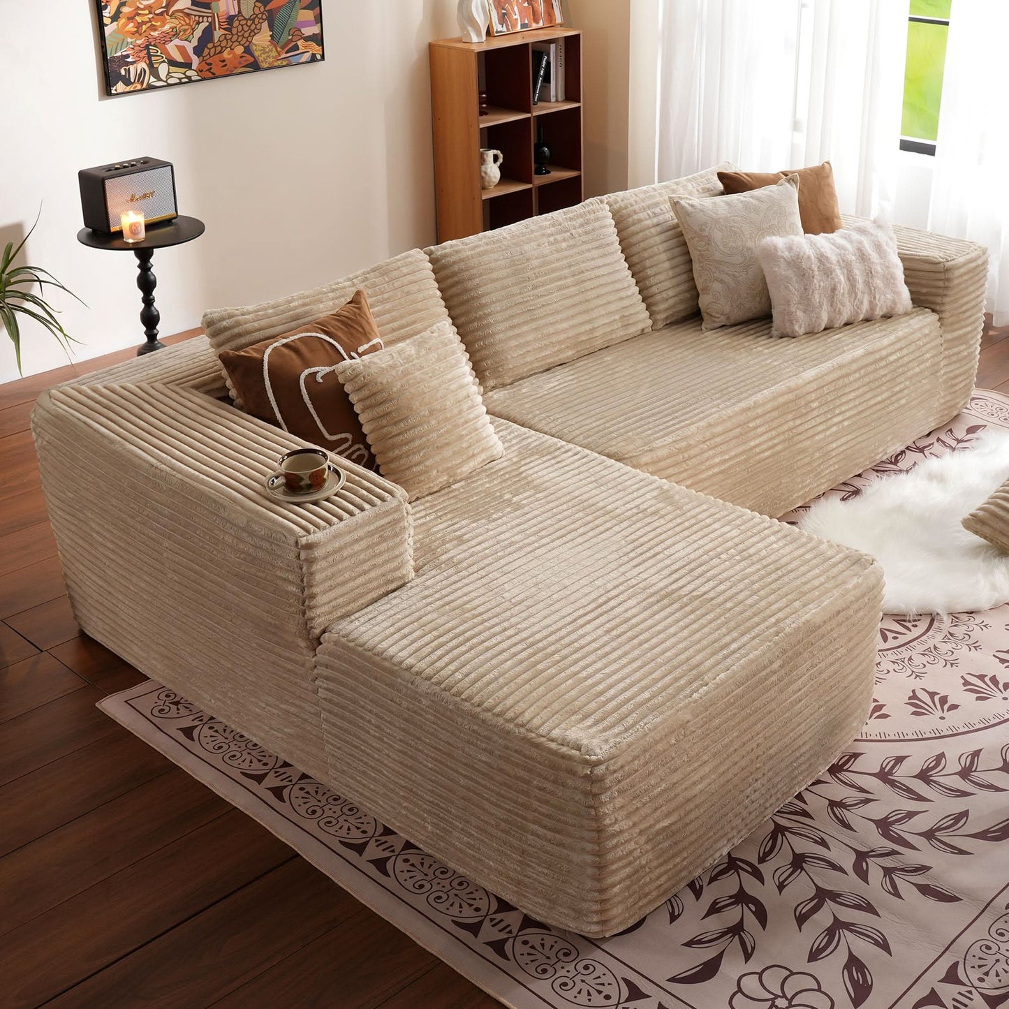 OVIOS 104" L-Shape Modular Couch with Chaise, Plush Corduroy Fabric, No Assembly Required