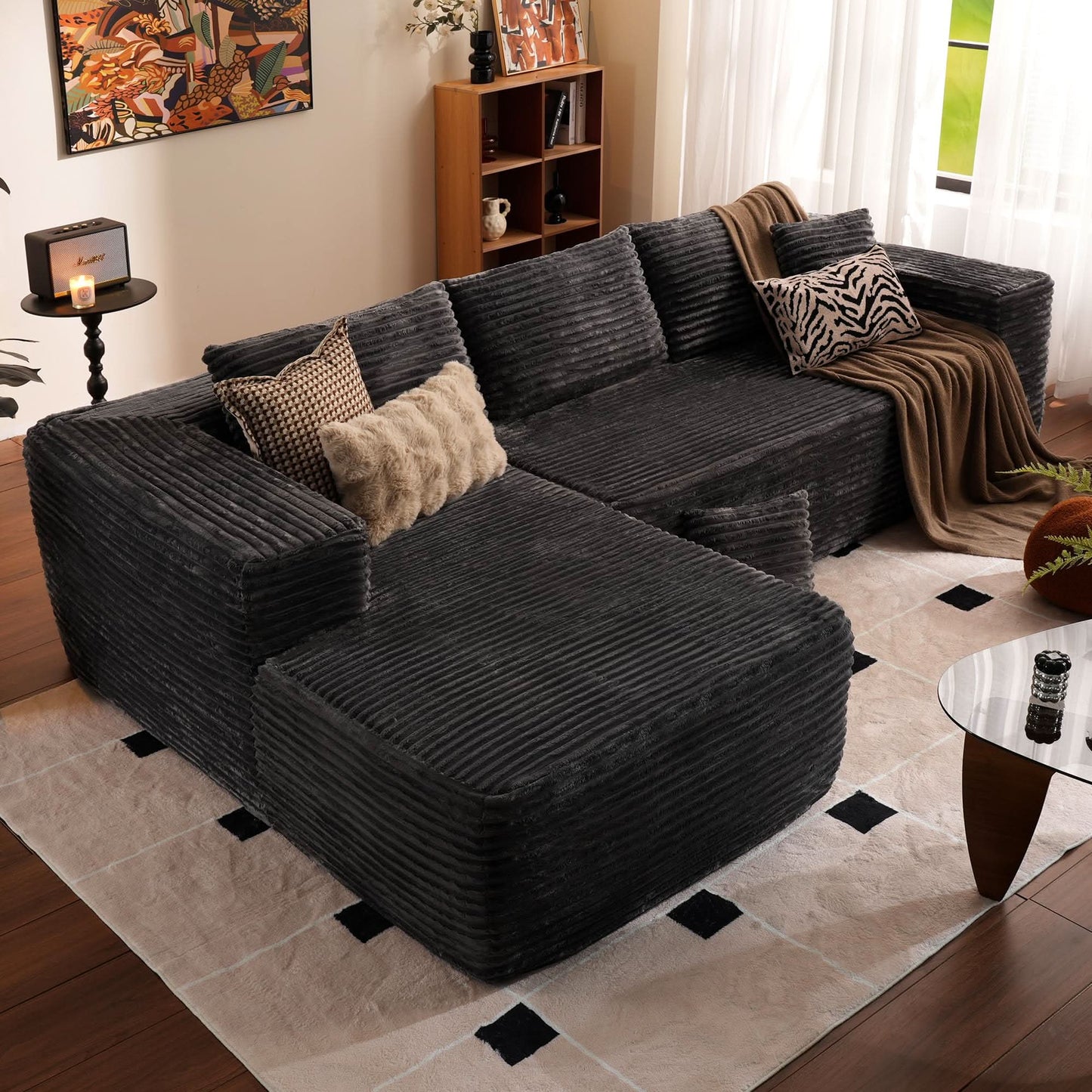OVIOS 104" L-Shape Modular Couch with Chaise, Plush Corduroy Fabric, No Assembly Required
