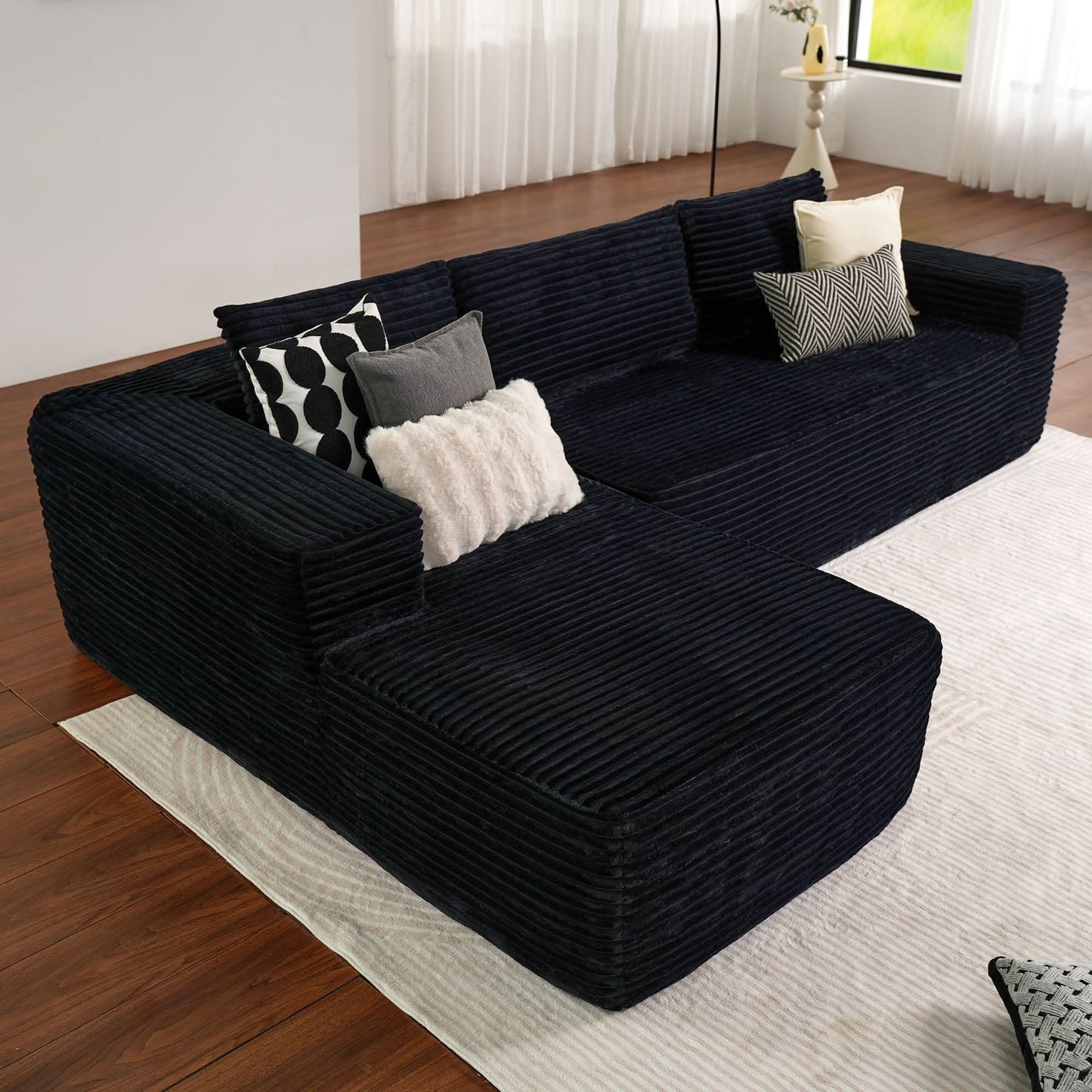 OVIOS 104" L-Shape Modular Couch with Chaise, Plush Corduroy Fabric, No Assembly Required