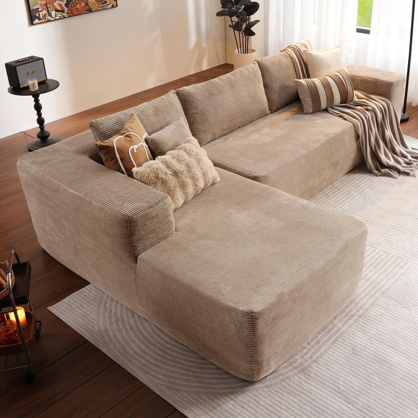 OVIOS 104" L-Shape Modular Couch with Chaise,Corduroy Fabric,No Assembly Required