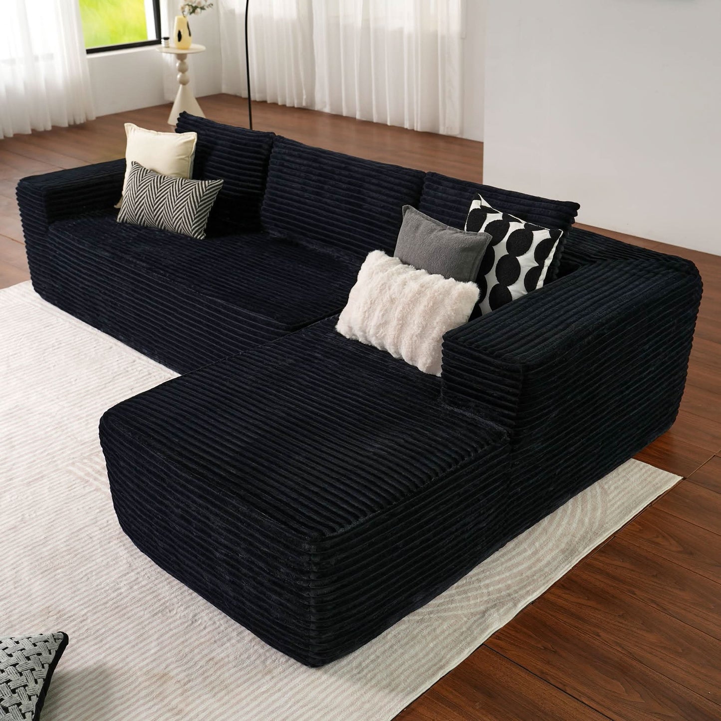 OVIOS 104" L-Shape Modular Couch with Chaise, Plush Corduroy Fabric, No Assembly Required