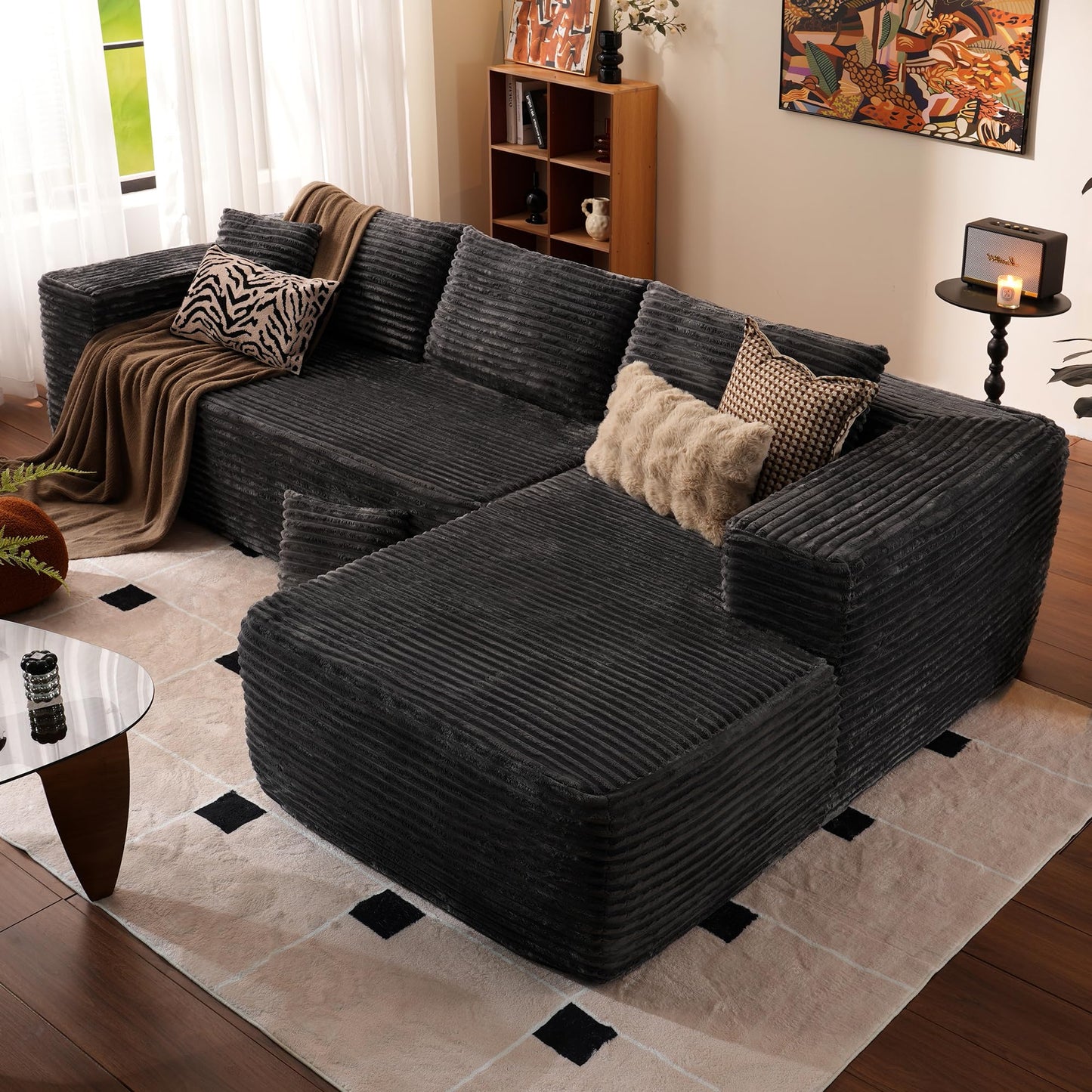 OVIOS 104" L-Shape Modular Couch with Chaise,Corduroy Fabric,No Assembly Required