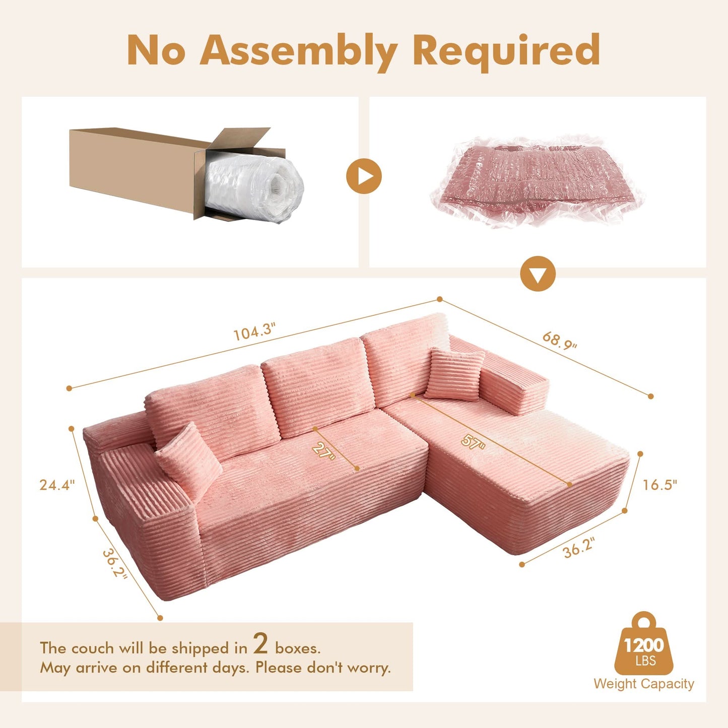 OVIOS 104" L-Shape Modular Couch with Chaise, Plush Corduroy Fabric, No Assembly Required