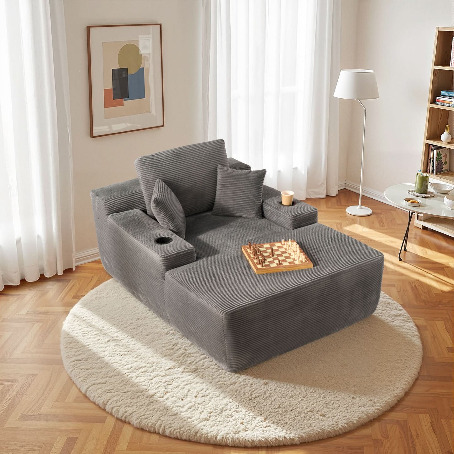 OVIOS 67'' Oversized Chaise Lounge ,Corduroy Sleeper Sofa with Cup Holders