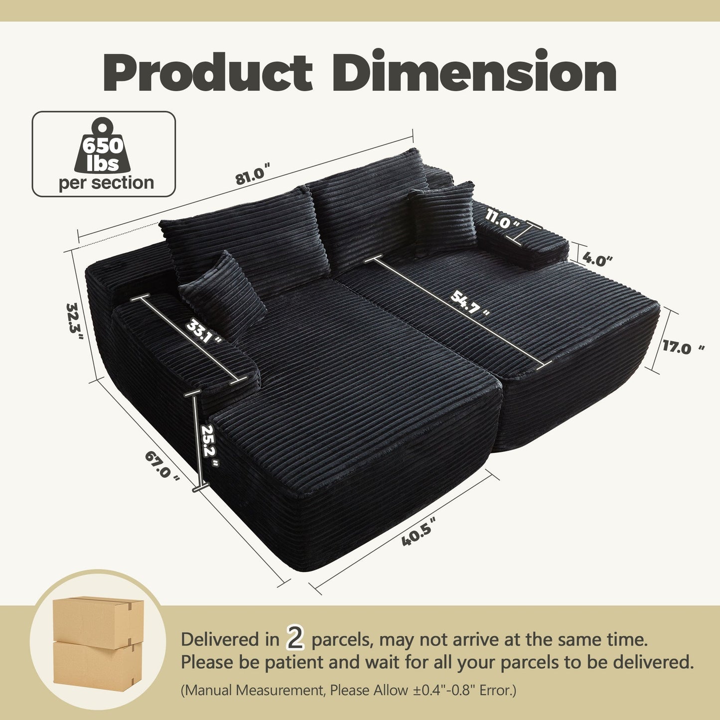 OVIOS 81" Boneless Sofa, Sleeper Couch, No Assembly Required